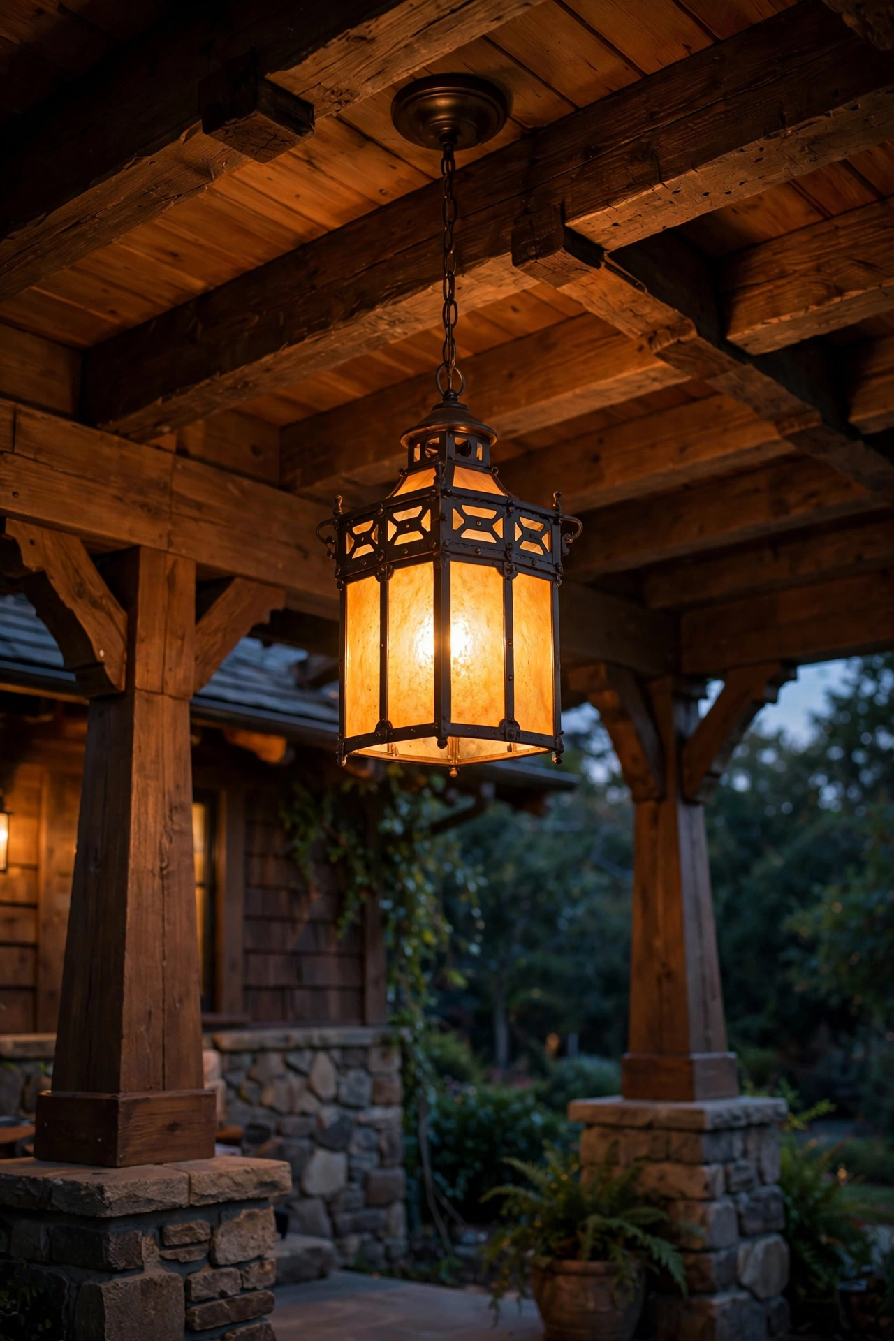 Hanging mission-style porch pendant with amber glass glowing under a beamed craftsman porch ceiling