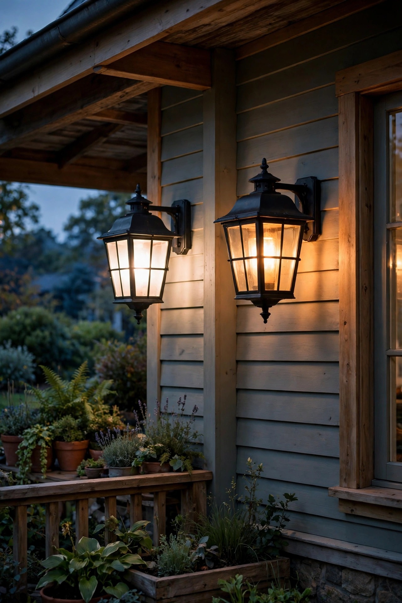 Two porch lanterns glowing side by side at dusk, one warm white on a smart switch and one soft amber from a smart bulb
