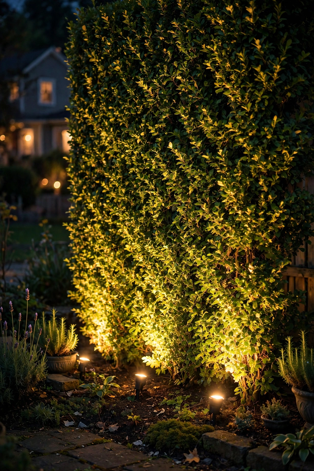 Tall garden hedge washed with warm spotlights creating a glowing green wall at night