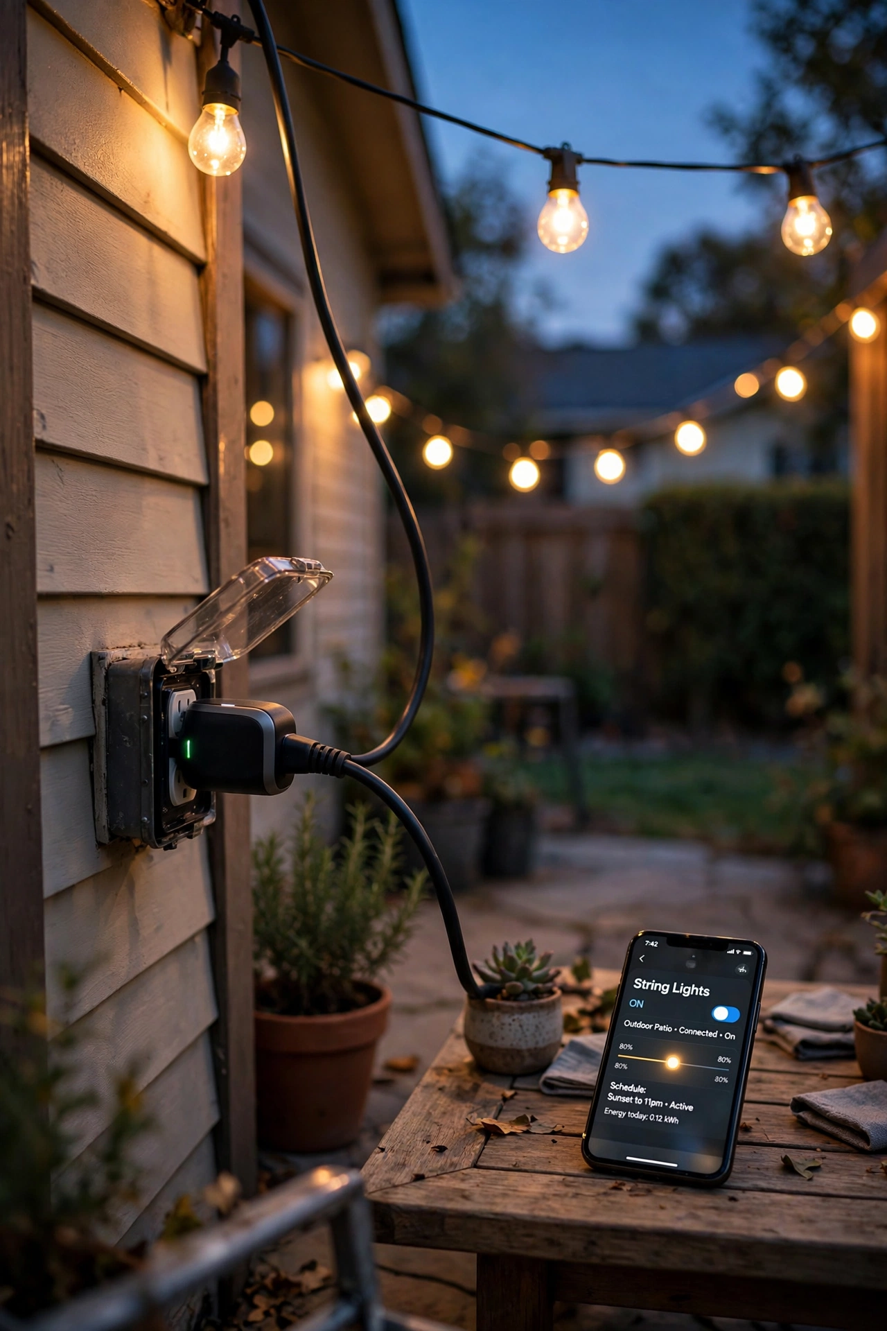 Diagram-style photo showing how an outdoor smart plug connects outlet, phone app, and string lights