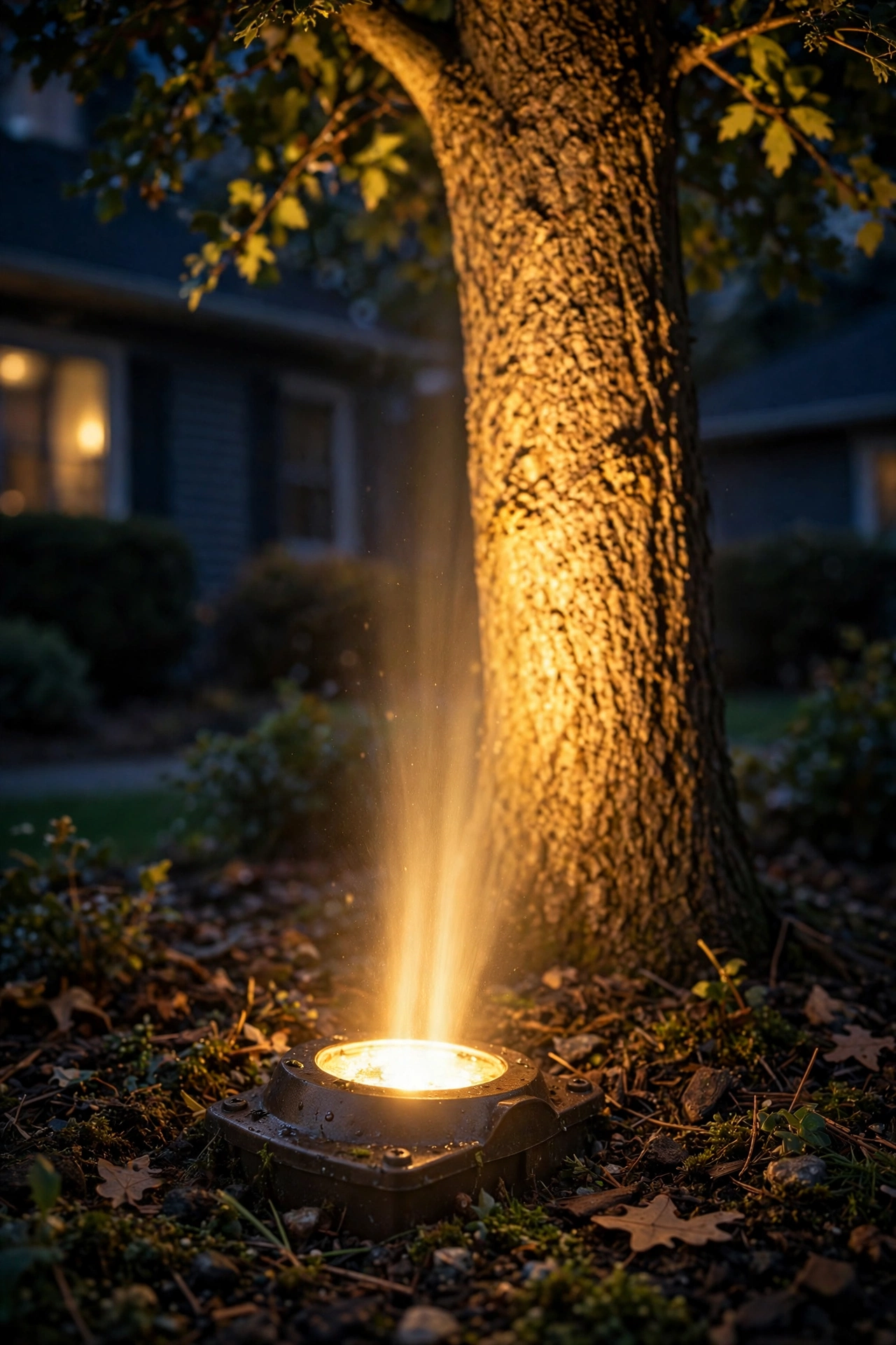 Ground-level uplight fixture washing warm light up a tree trunk and canopy at night