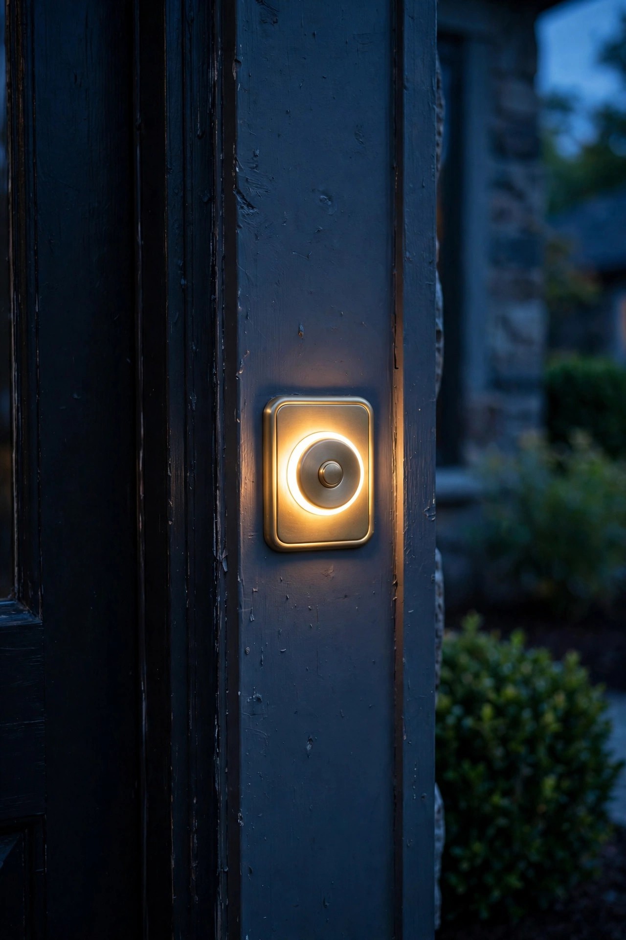 Front door jamb with an illuminated doorbell trim plate framing the button in a soft even glow