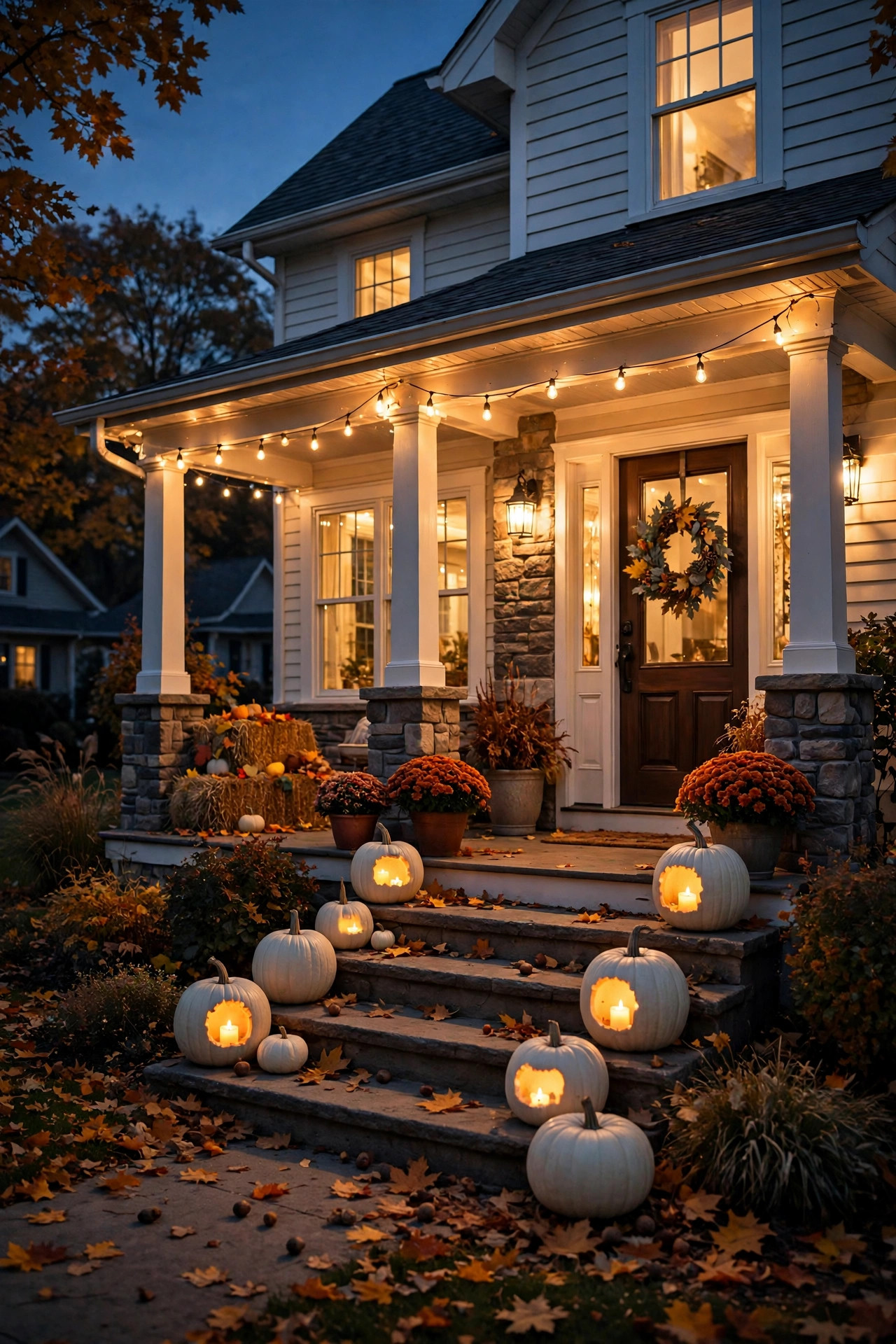 Carved white pumpkins glowing with flickering LED candles on porch steps at night