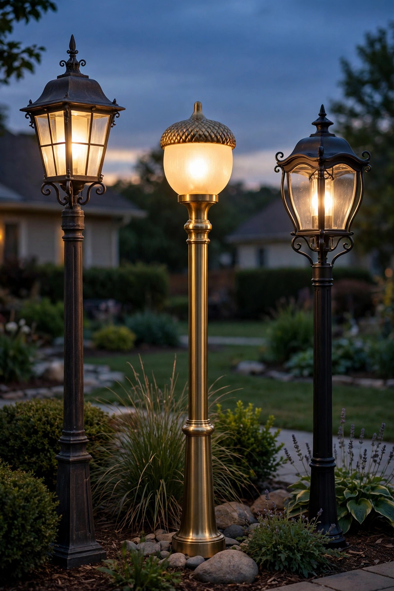 Three styles of outdoor lamp posts in a row at dusk — classic lantern head, acorn globe, and carriage style — showing height and finish options for a front yard