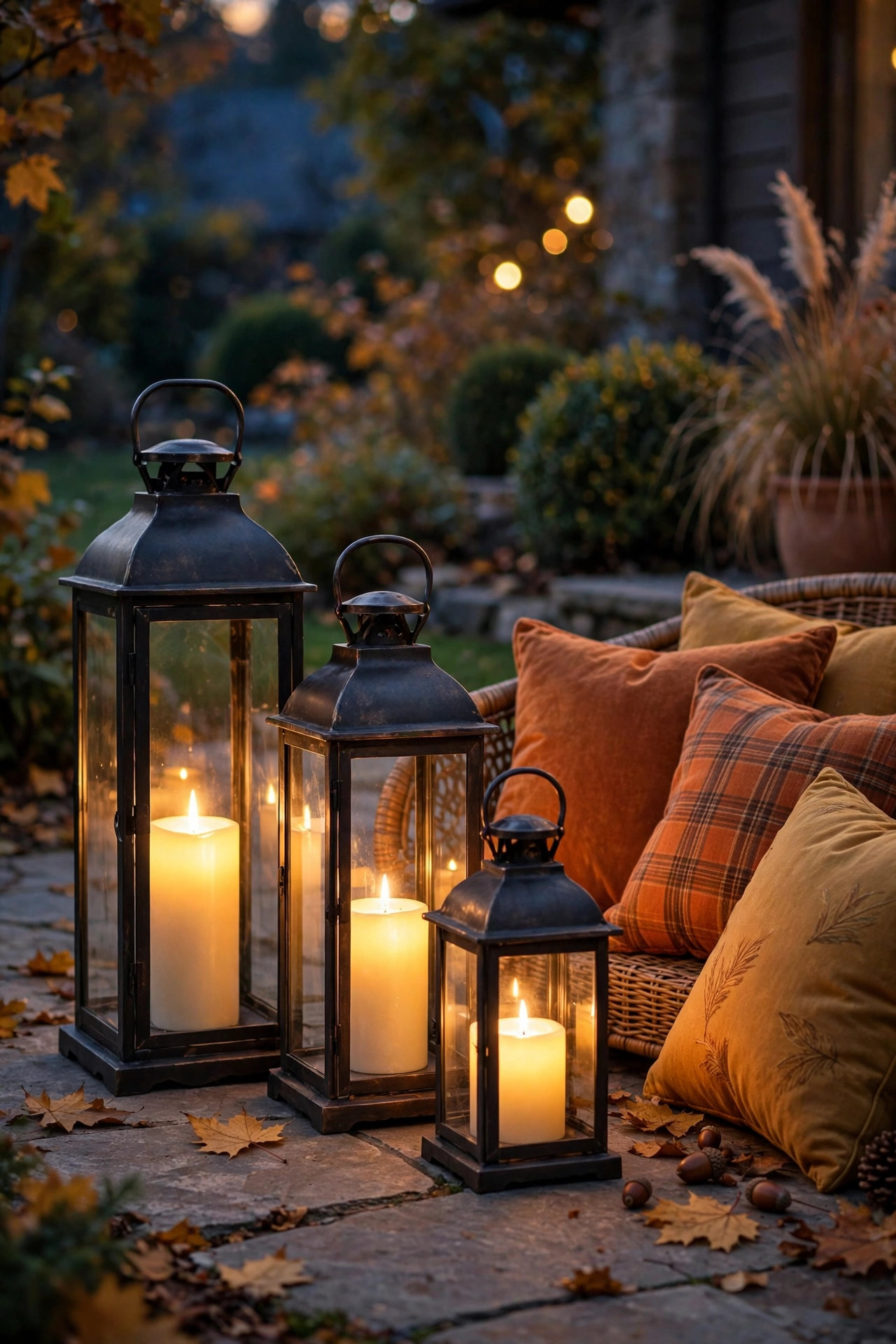 Cluster of three metal lanterns at different heights with flameless candles glowing on a patio beside fall cushions