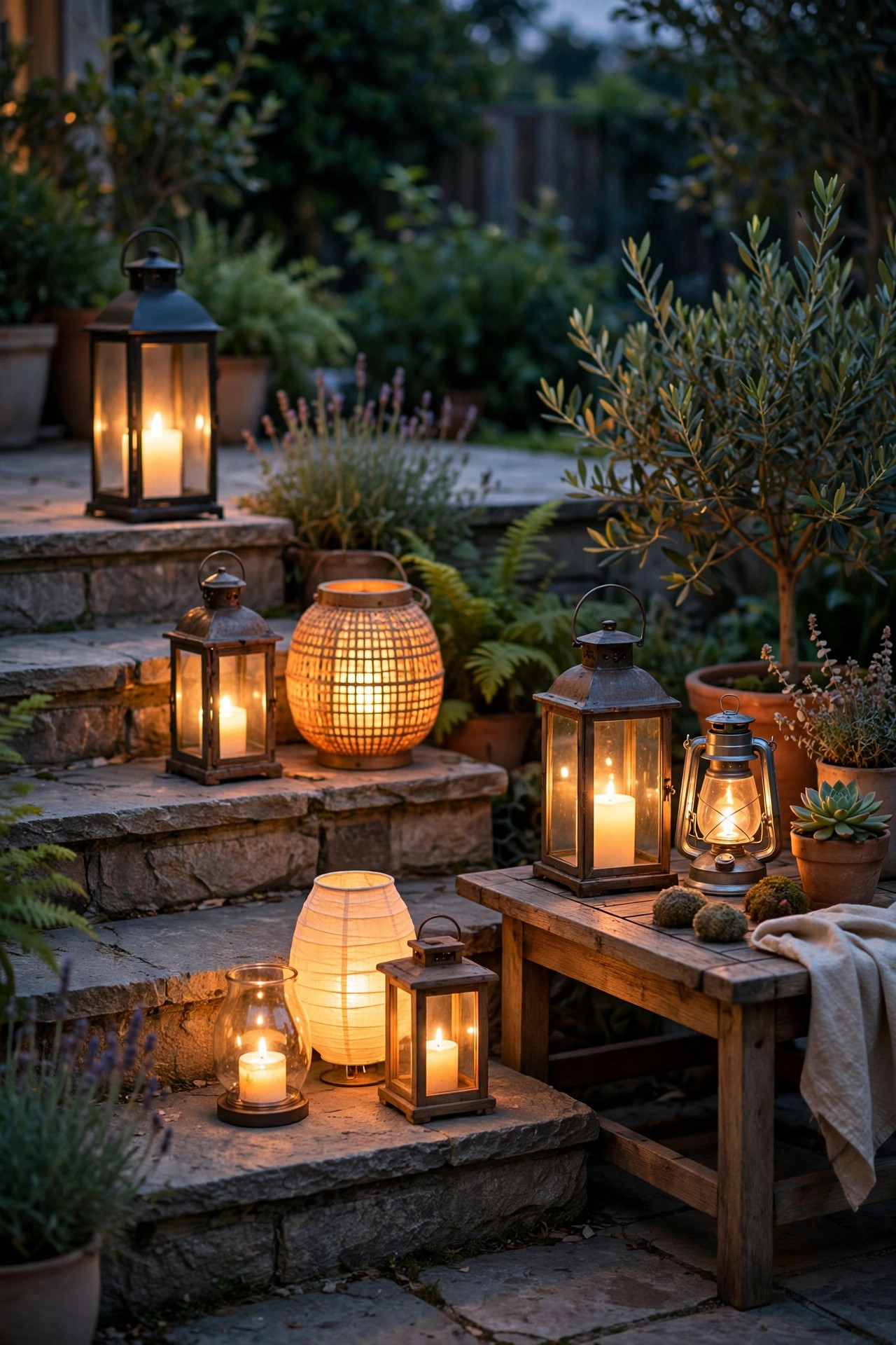 Cluster of glowing lanterns at different heights on patio steps and a side table