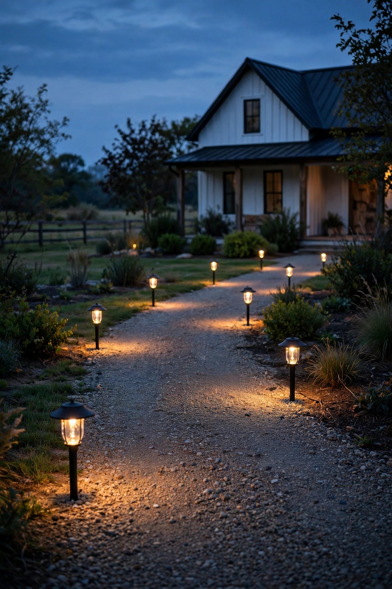 Low lantern-style path lights glowing warm along a winding cottage garden path at dusk with flower beds on both sides