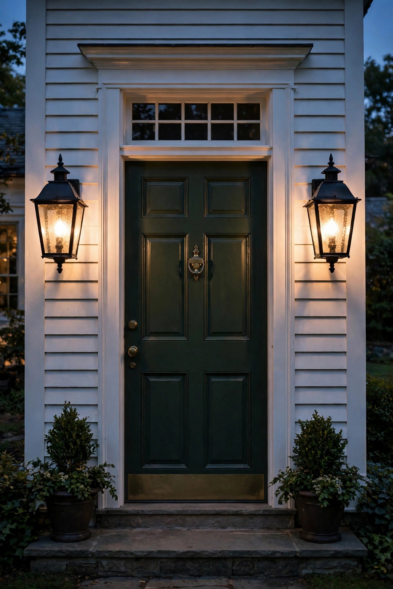 Symmetric black lantern sconces with seeded glass and warm filament bulbs flanking a traditional front door at dusk