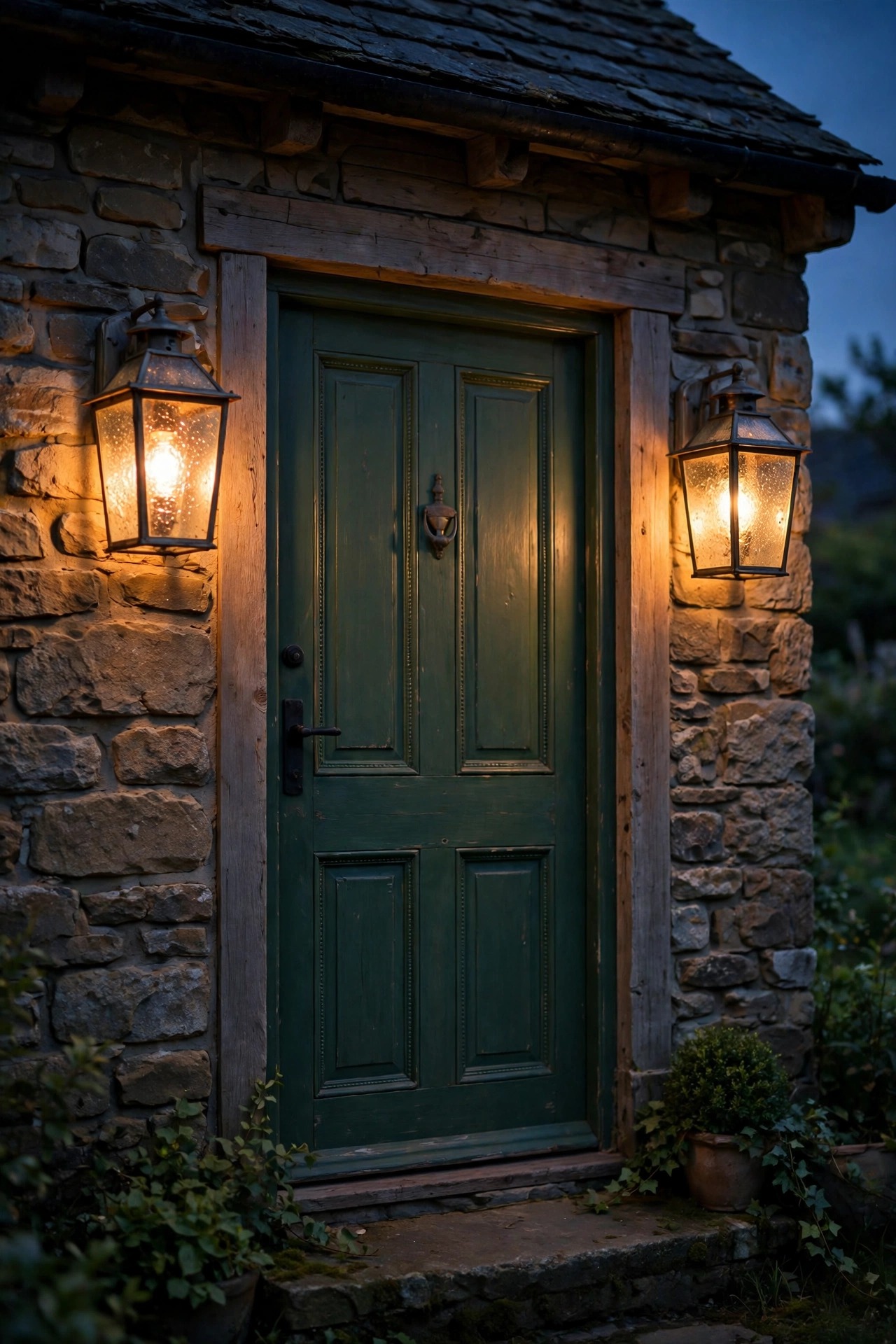 Matched pair of seeded-glass lantern sconces glowing warm on either side of a cottage front door at dusk