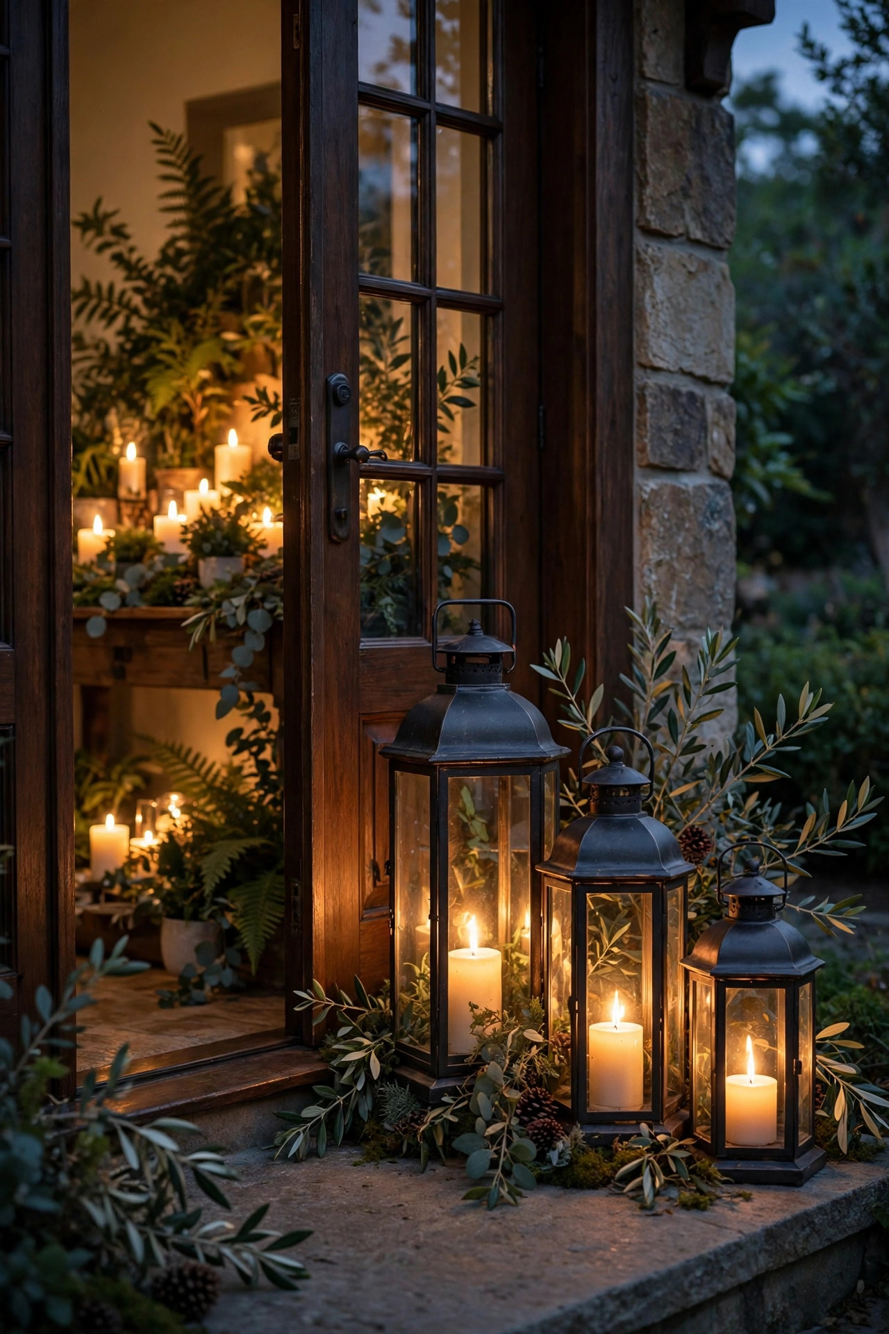 Cluster of three lanterns in varying heights grouped beside a front door with candles and greenery