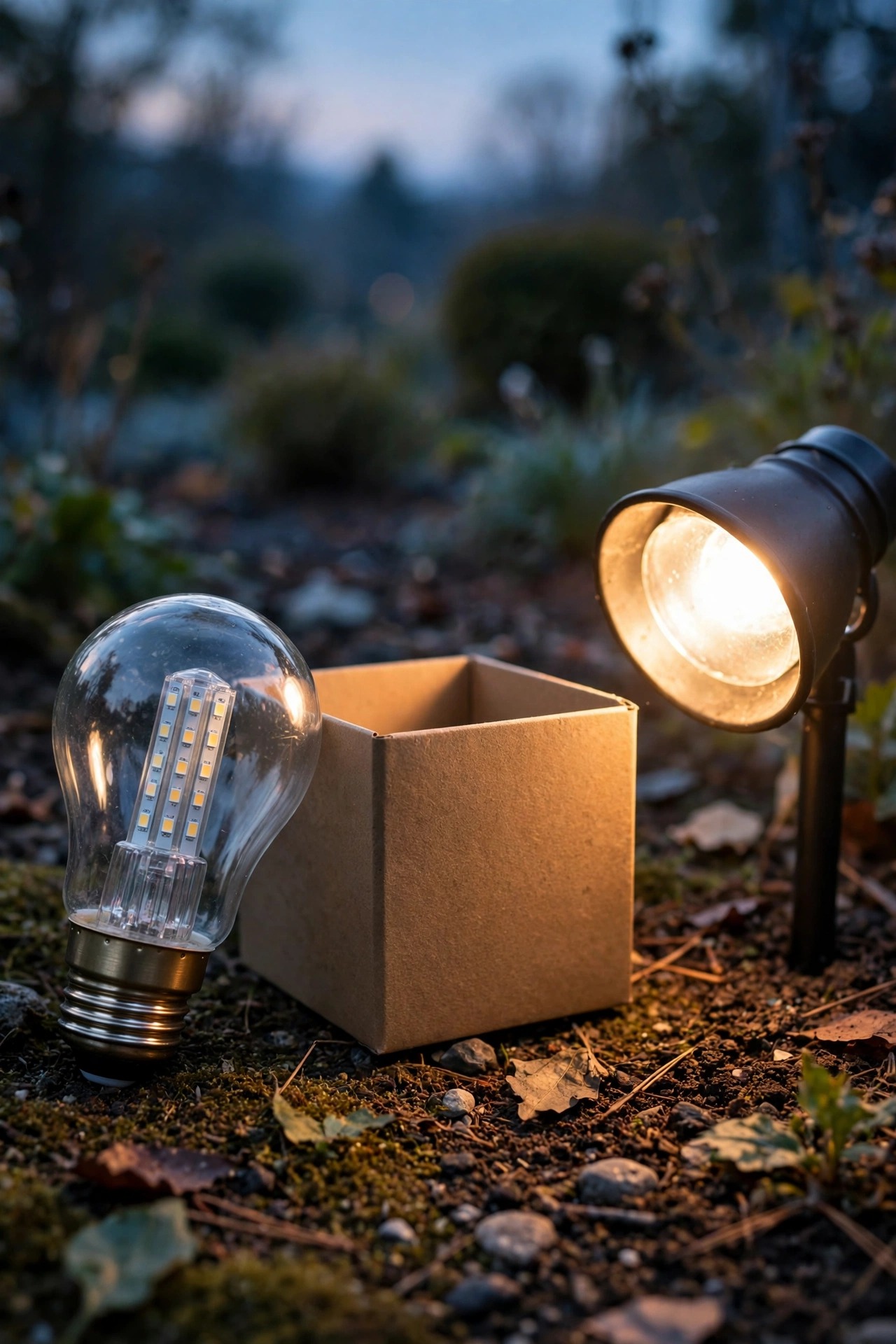 Close-up of an LED landscape light bulb with its hour rating on the packaging beside a glowing garden spotlight at dusk