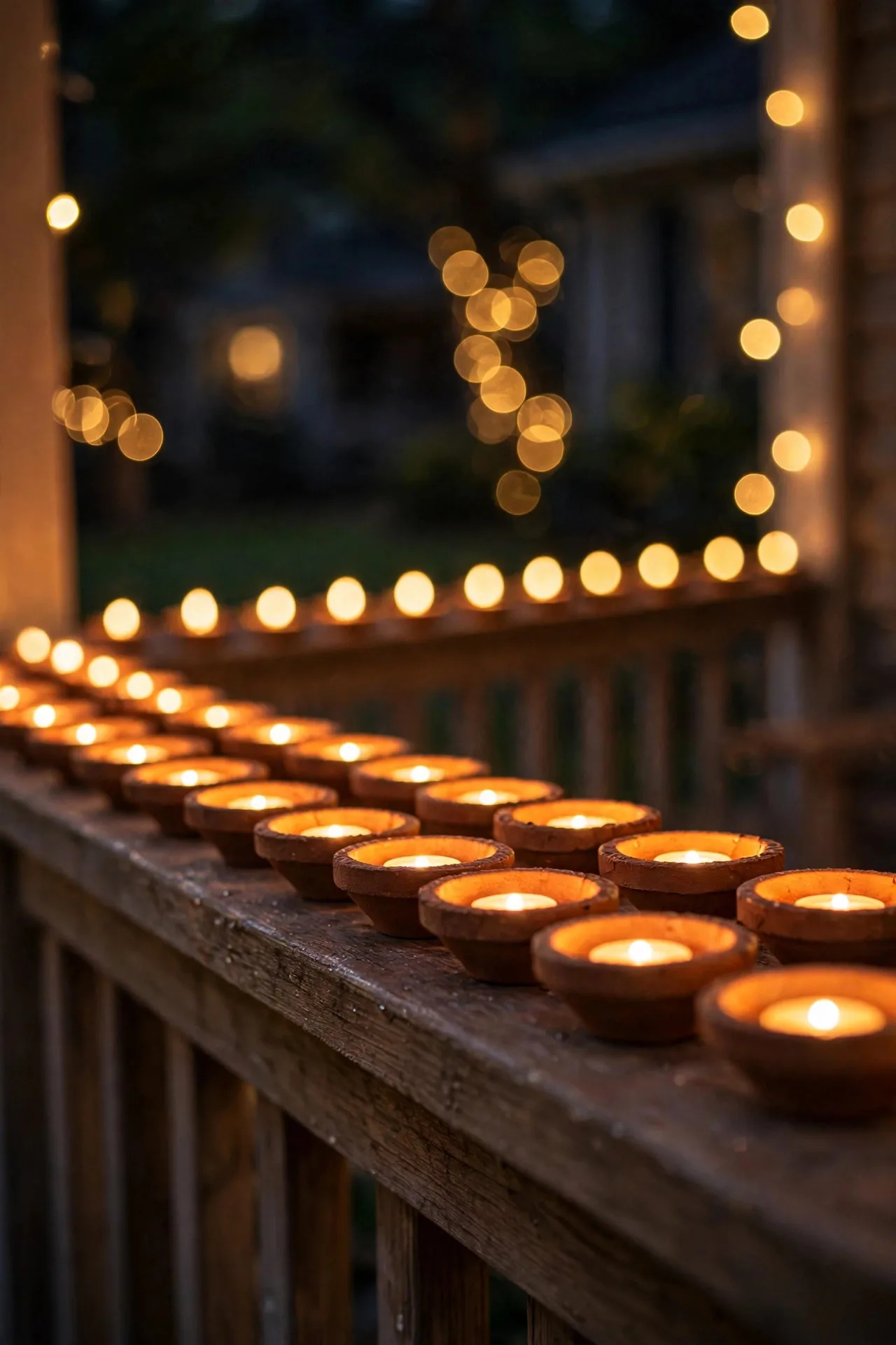 Close-up of flickering LED diyas lined along a porch ledge at night