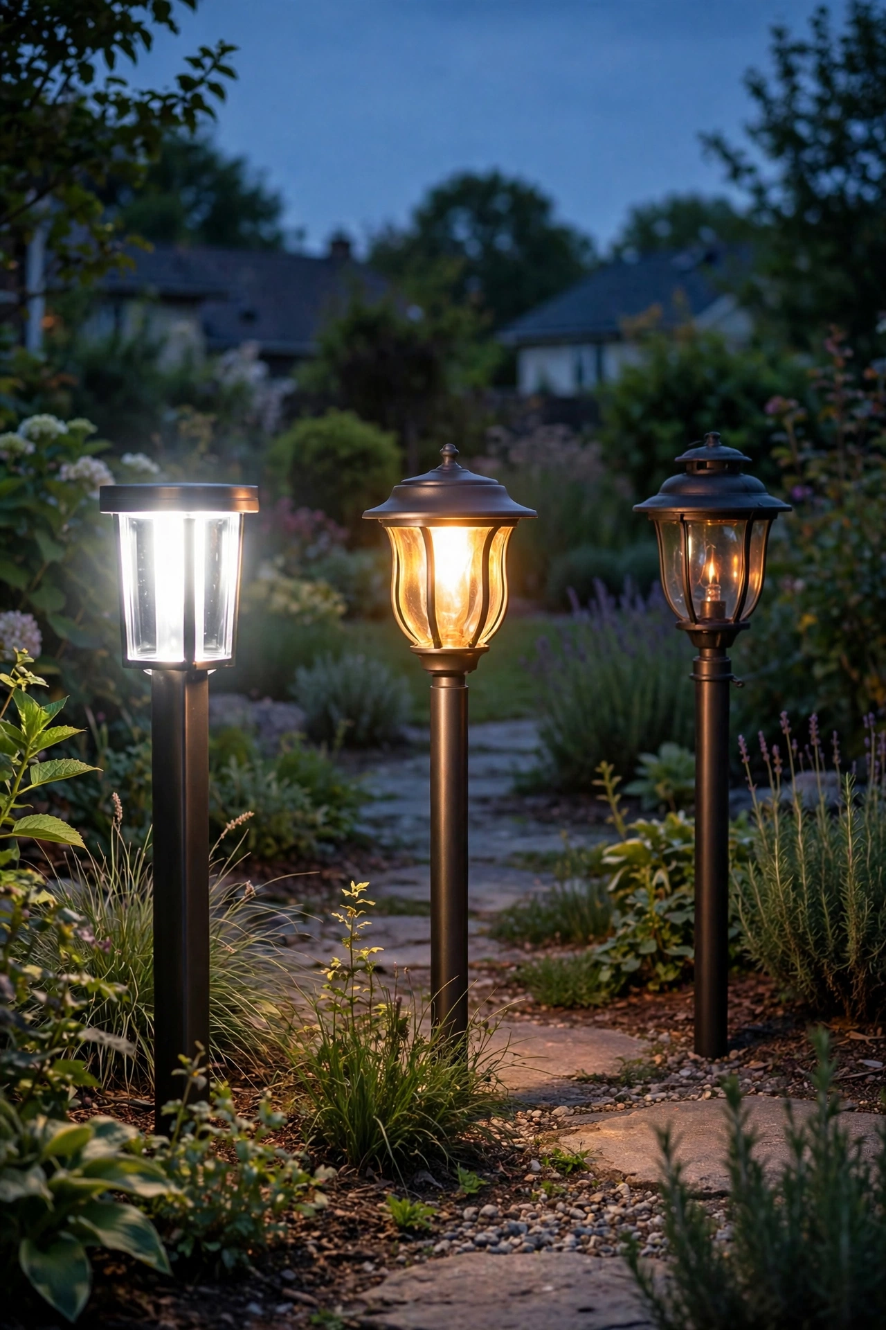 Comparison table style photo of LED, halogen, and incandescent outdoor bulbs glowing with different brightness and heat levels