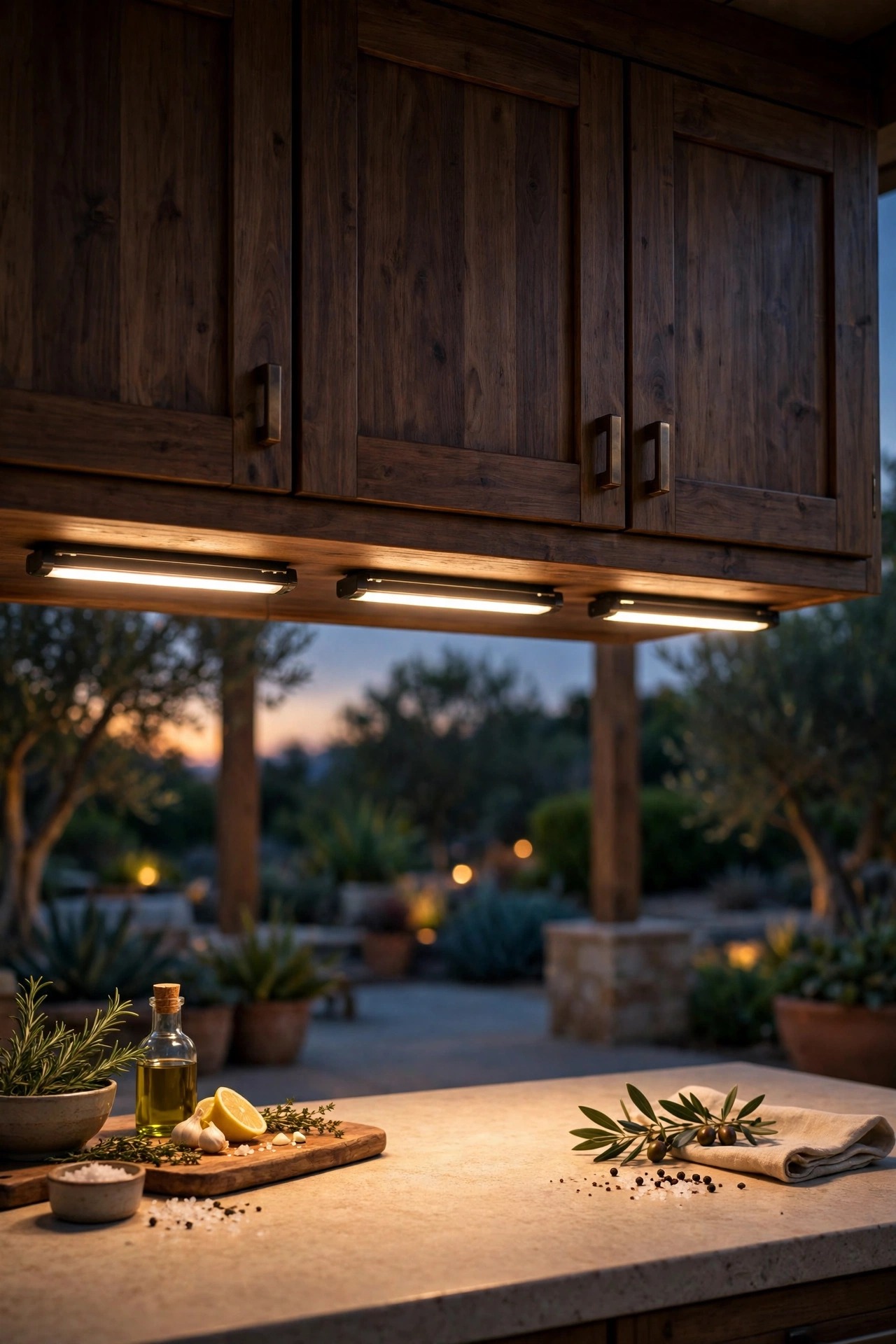 Rigid LED light bars mounted in a row under outdoor kitchen cabinets washing a countertop in warm light