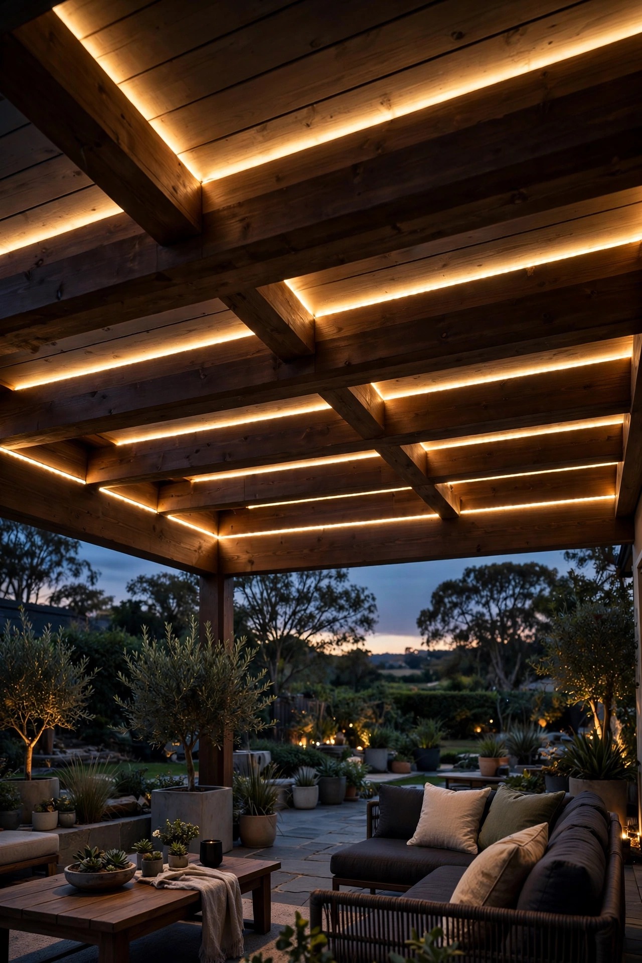 Warm LED strip lights hidden in channels along under-deck beams casting a soft indirect glow over a patio