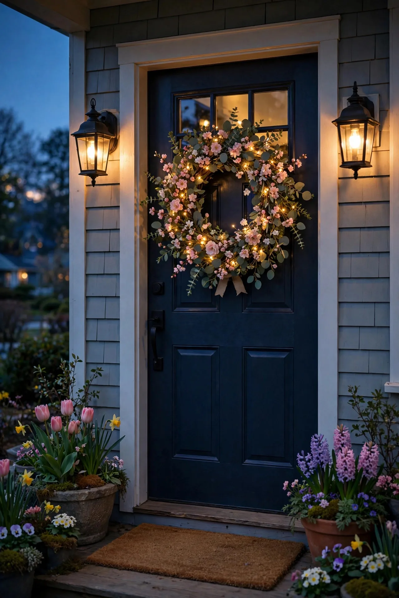 Spring wreath with tiny warm LED lights hanging on a front door at twilight