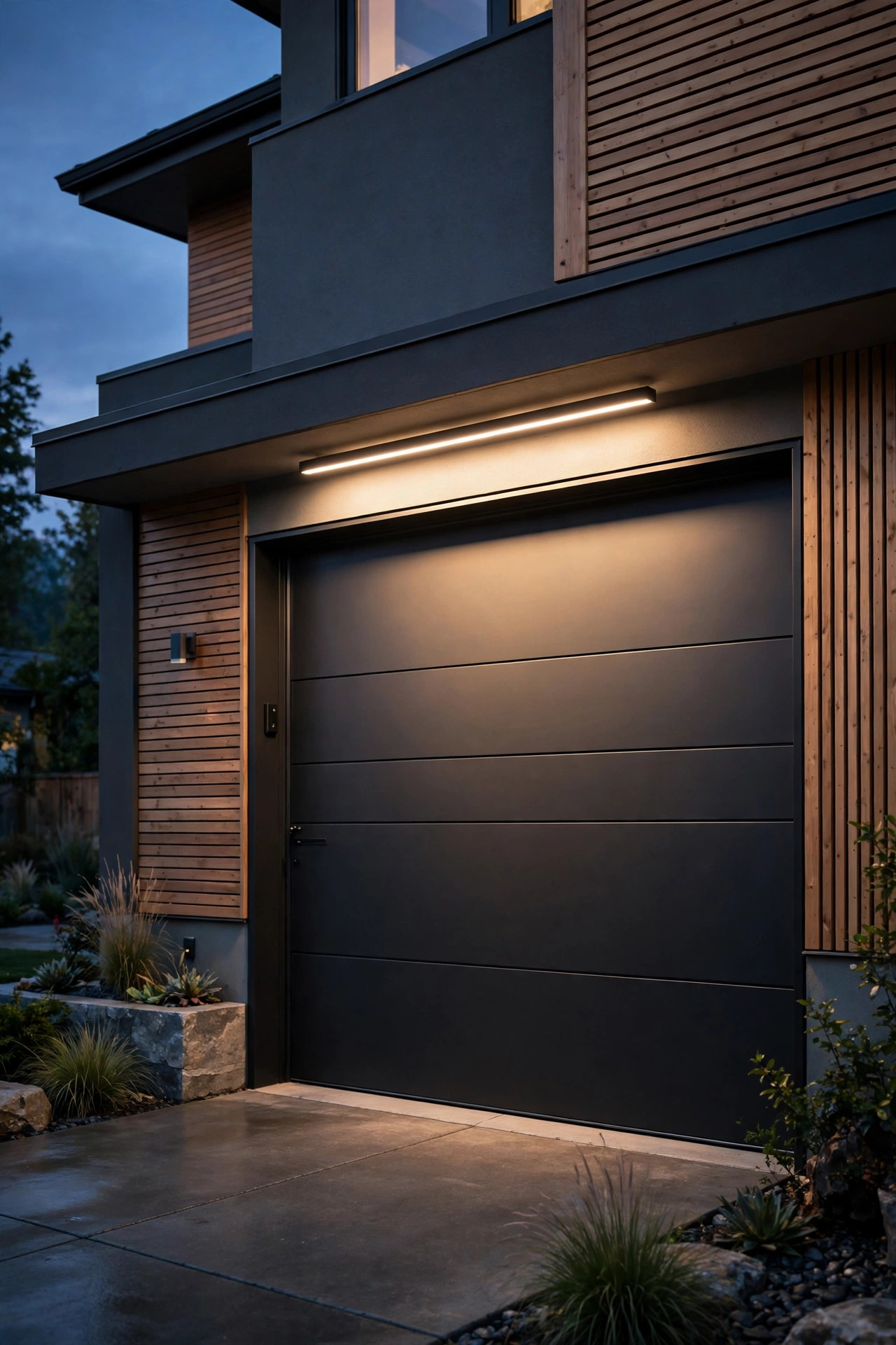 Slim linear LED bar above a modern garage door washing even warm light down the door face