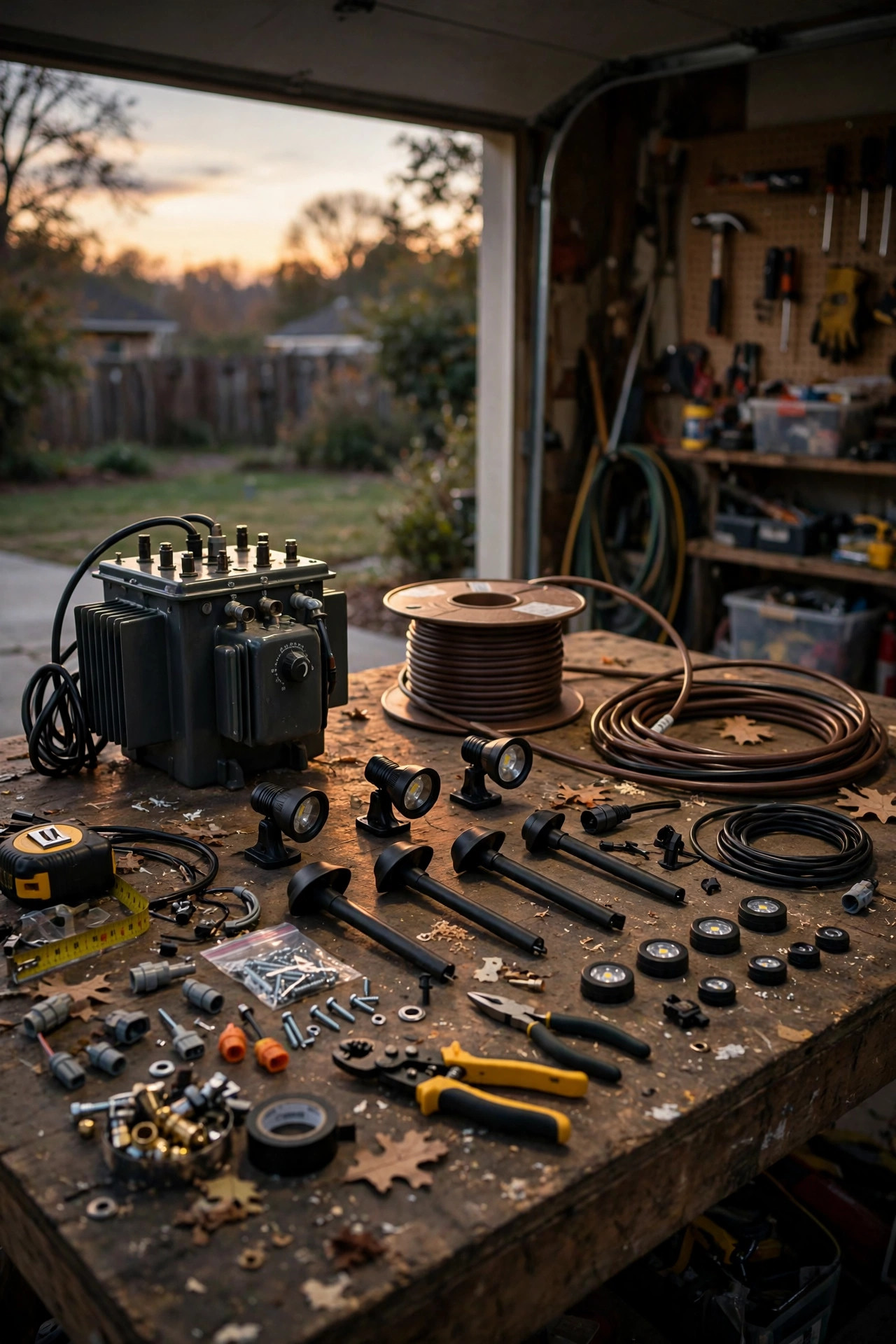 Garage workbench at dusk with a low-voltage transformer, a spool of landscape cable and assorted LED fixtures laid out for planning a lighting layout