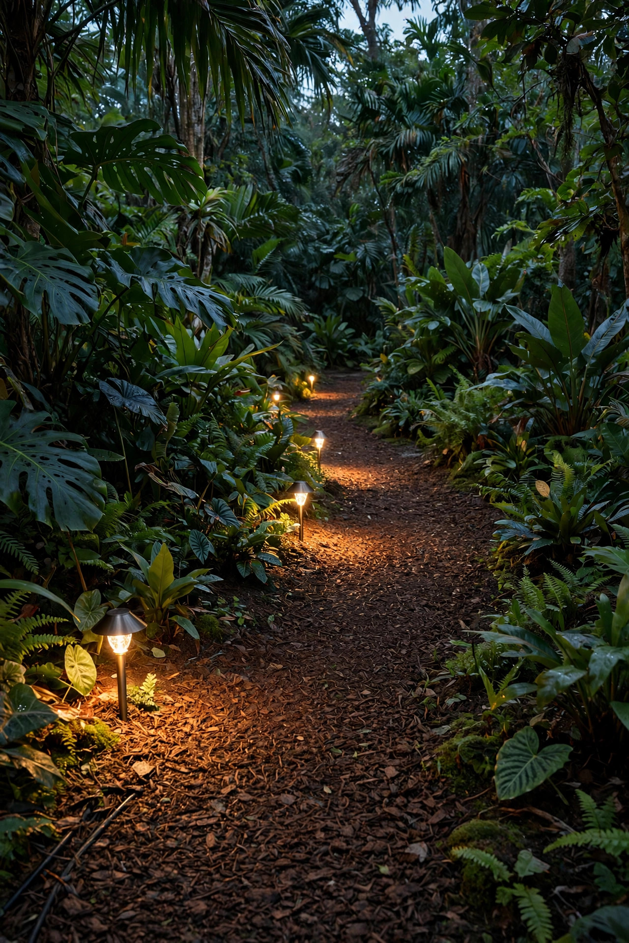 Low-voltage landscape lights glowing along a shaded tropical garden path with dense foliage and a hidden cable run under mulch