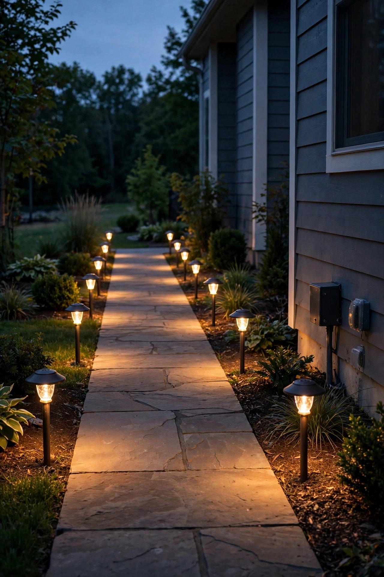 Low-voltage wired path lights evenly spaced along a straight front walkway at twilight, consistent warm glow from every fixture, small transformer mounted near the house
