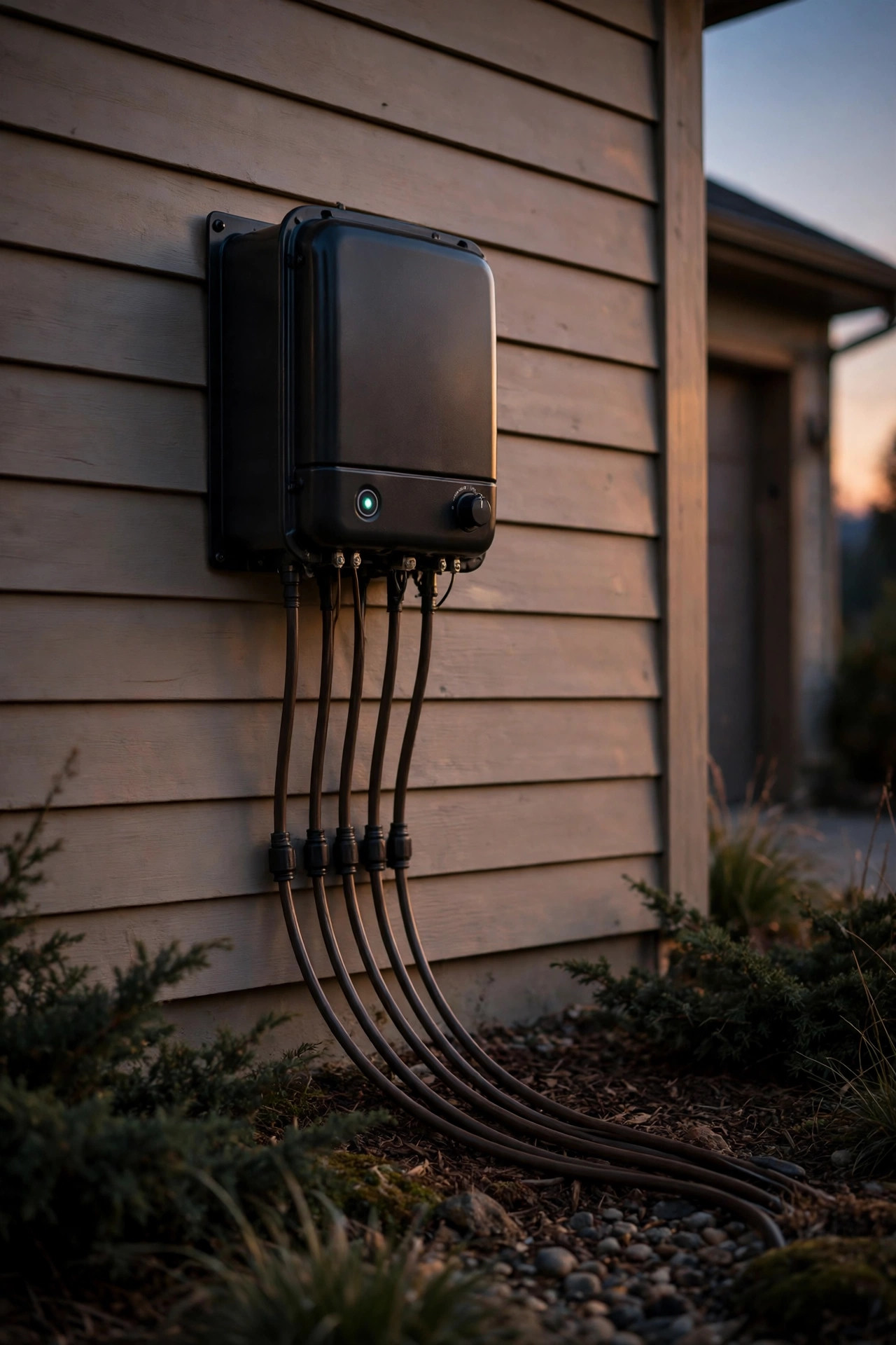 Low-voltage landscape lighting transformer mounted on a garage wall at dusk with cable runs leaving the bottom
