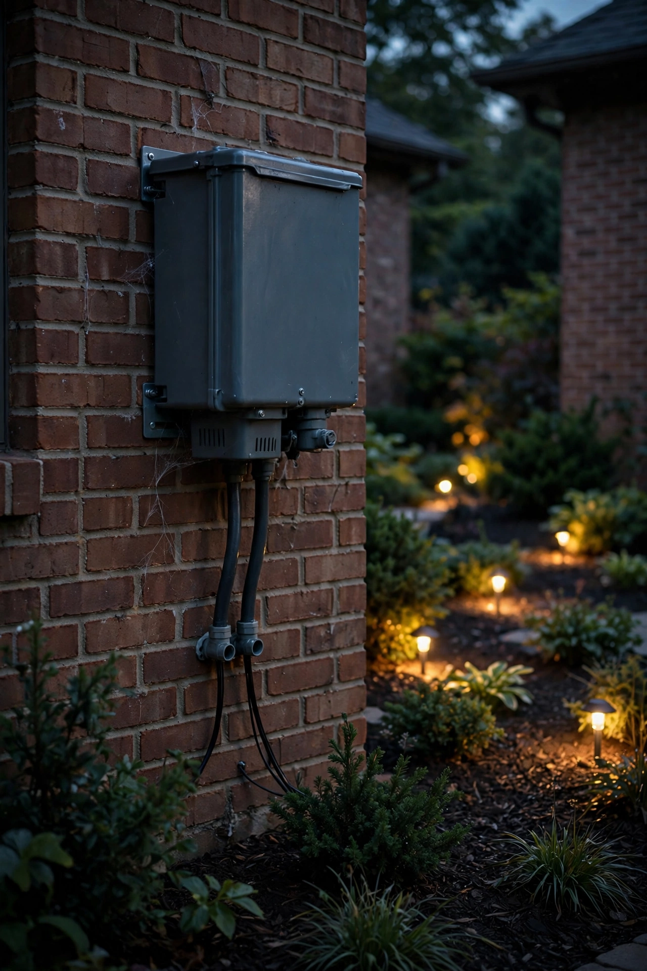 Weatherproof low-voltage transformer mounted on a house exterior wall at dusk with landscape lights glowing in the garden beyond