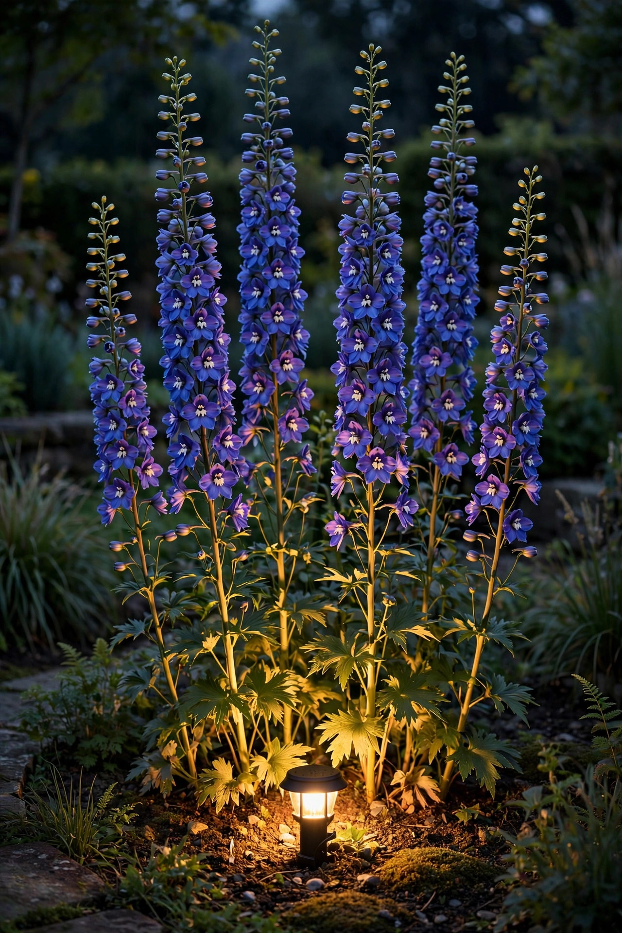 Low voltage uplight at the base of tall delphinium flowers glowing warmly against the night