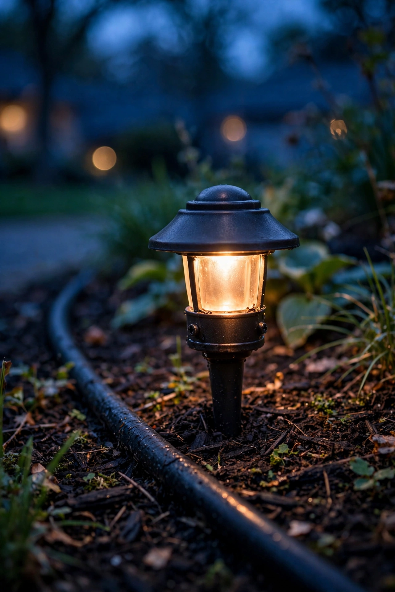 Close-up of a low-voltage path light fixture with direct-burial cable running through mulch at dusk