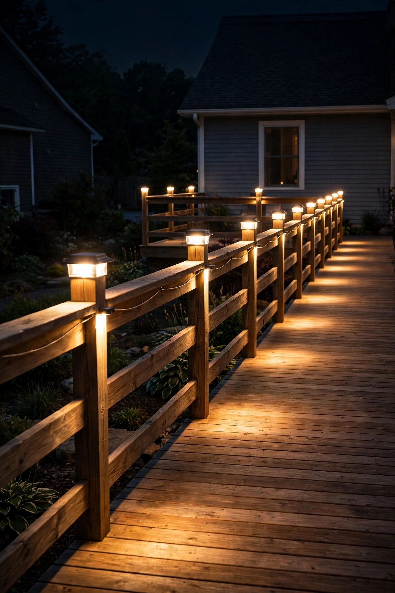 Low-voltage wired post cap lights glowing brightly along a deck railing at night