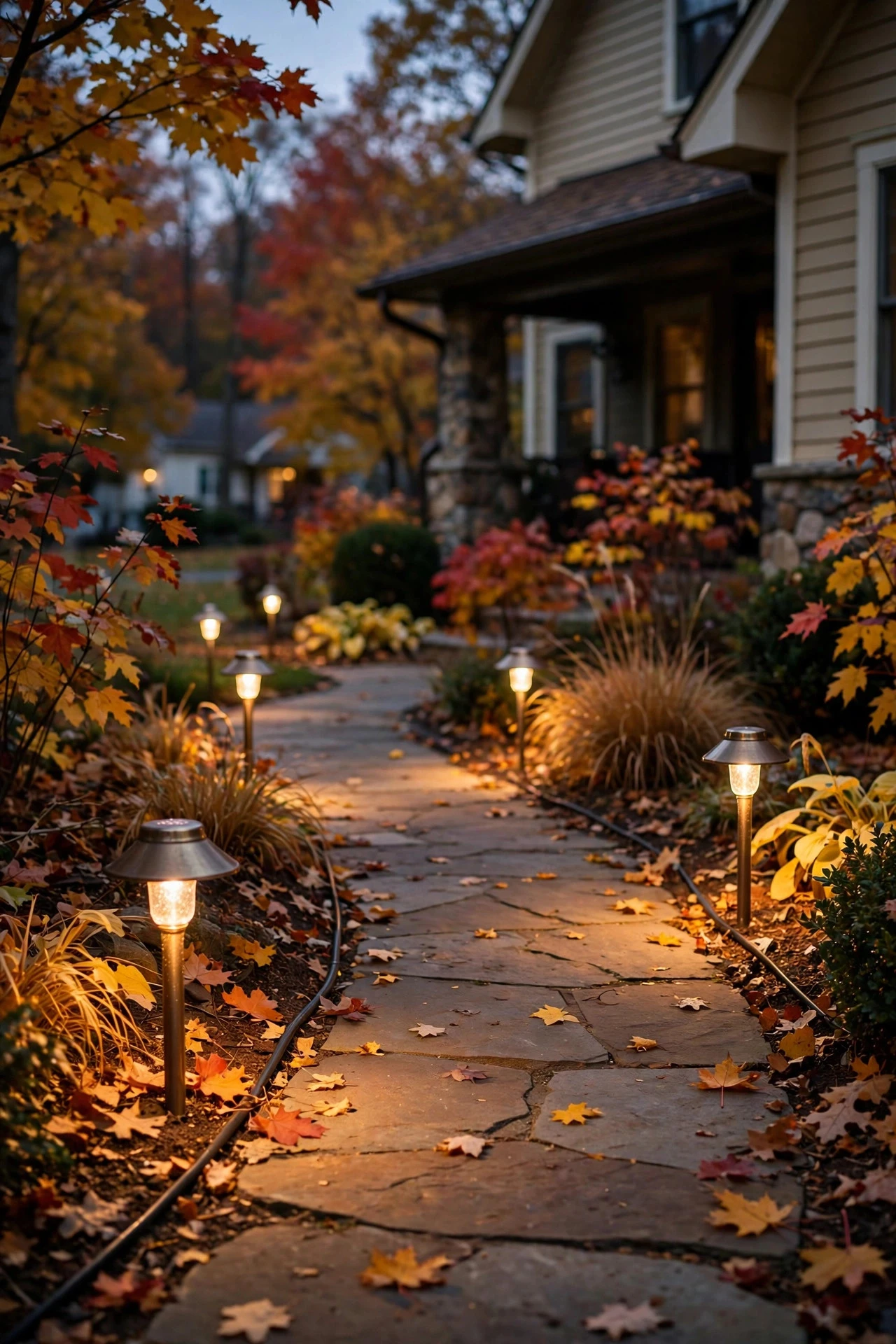 Low-voltage brass path lights wired along a garden walkway glowing at dusk