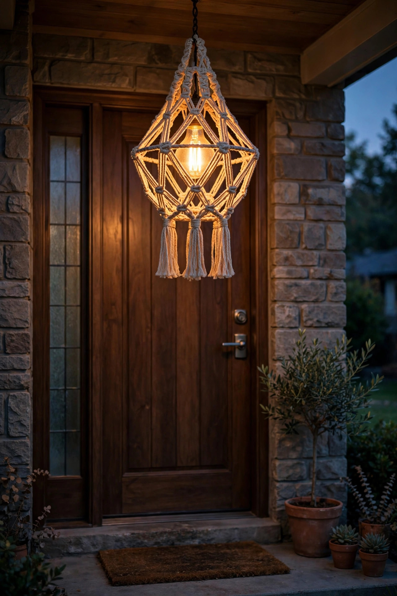 Macrame pendant light with a warm filament bulb glowing over a front door at dusk