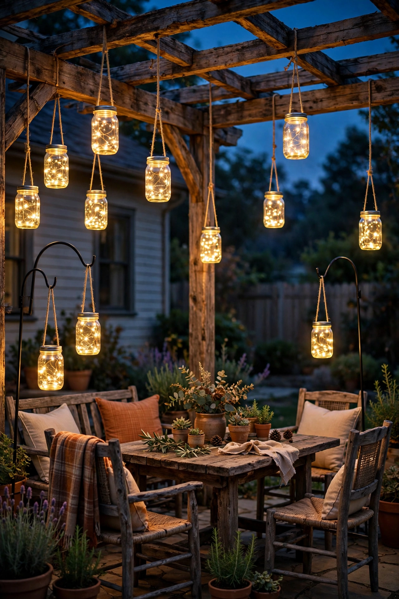 Mason jars with solar fairy lights hanging at different heights on a patio at night
