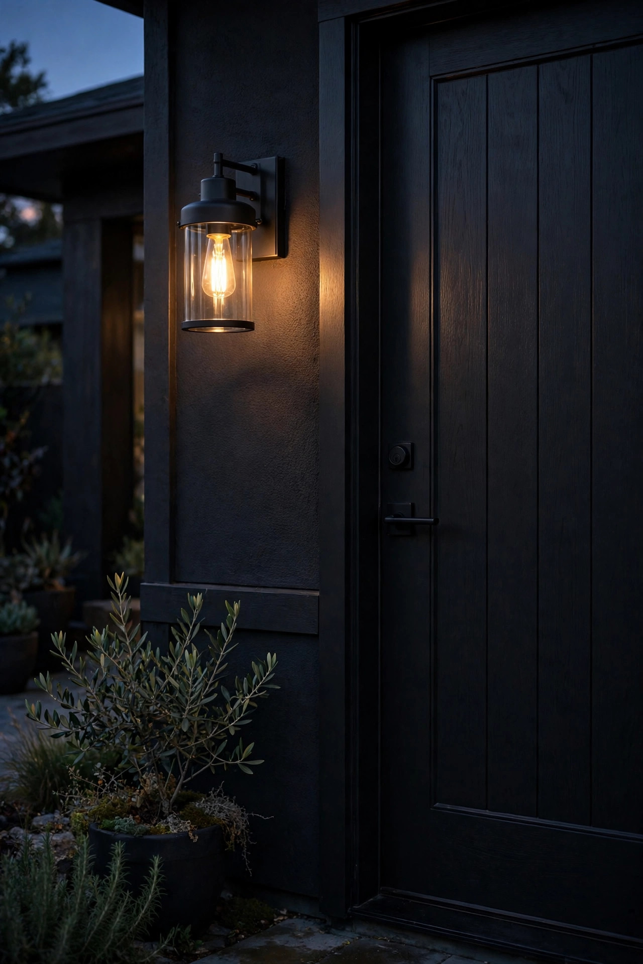 Matte black sconce with clear glass and glowing filament bulb mounted beside a black front door, tone-on-tone entry lighting