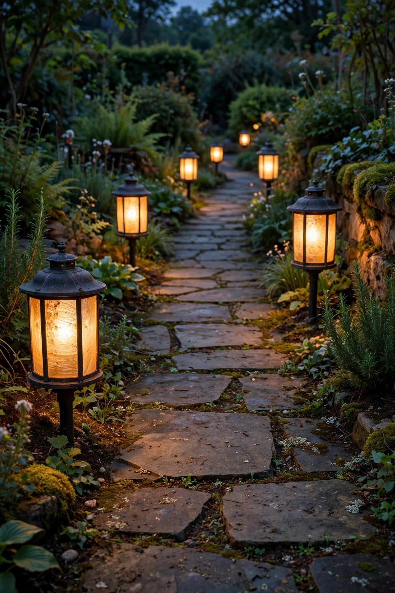 Mica shade path lanterns with amber glow lining a flagstone garden walk at dusk