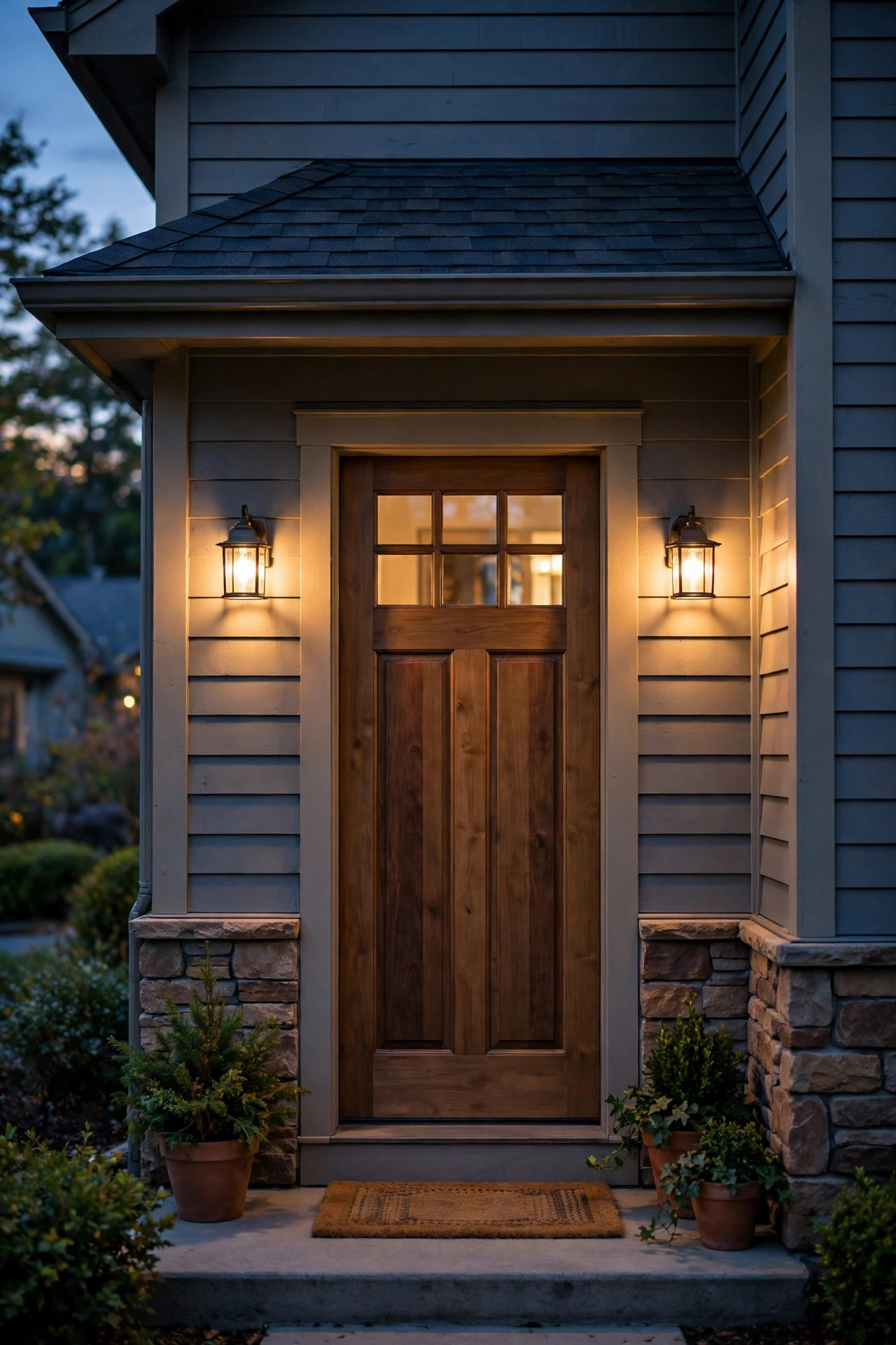 Pair of small matching wall sconces flanking a front door on a compact entry porch at dusk