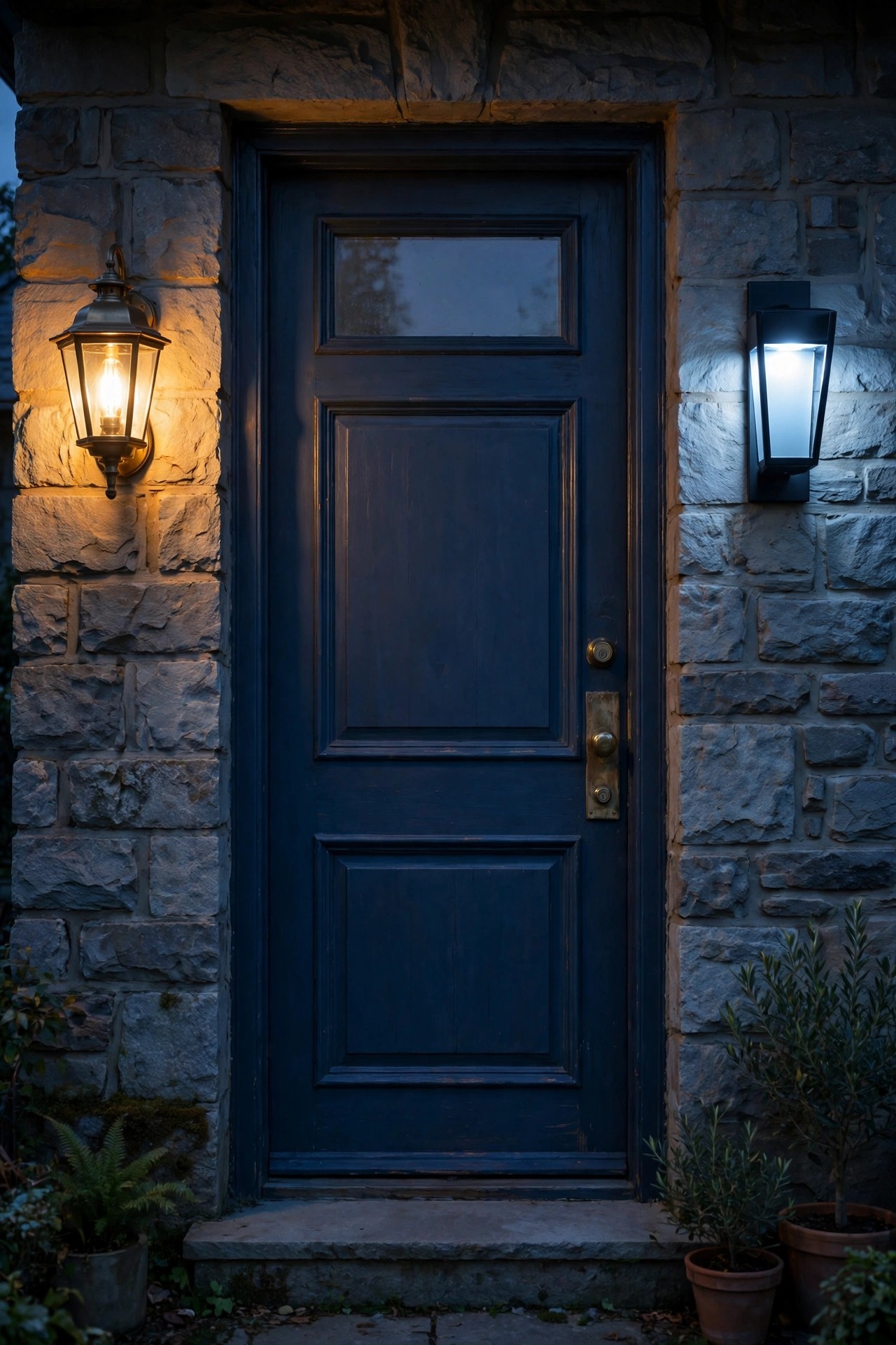 Front door flanked by two different wall lanterns at dusk, one glowing warm white and the other cool white, a noticeably mismatched entry
