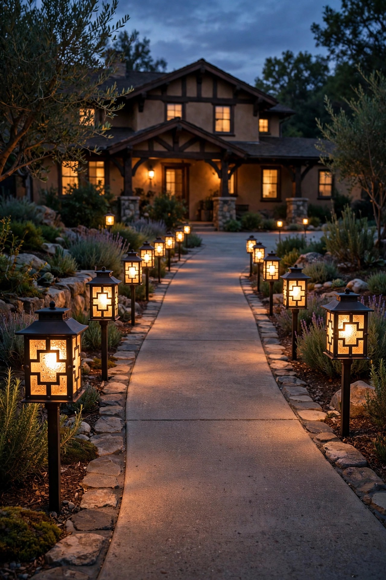 Mission-style lantern path lights with amber seeded glass lining both sides of a craftsman driveway at dusk