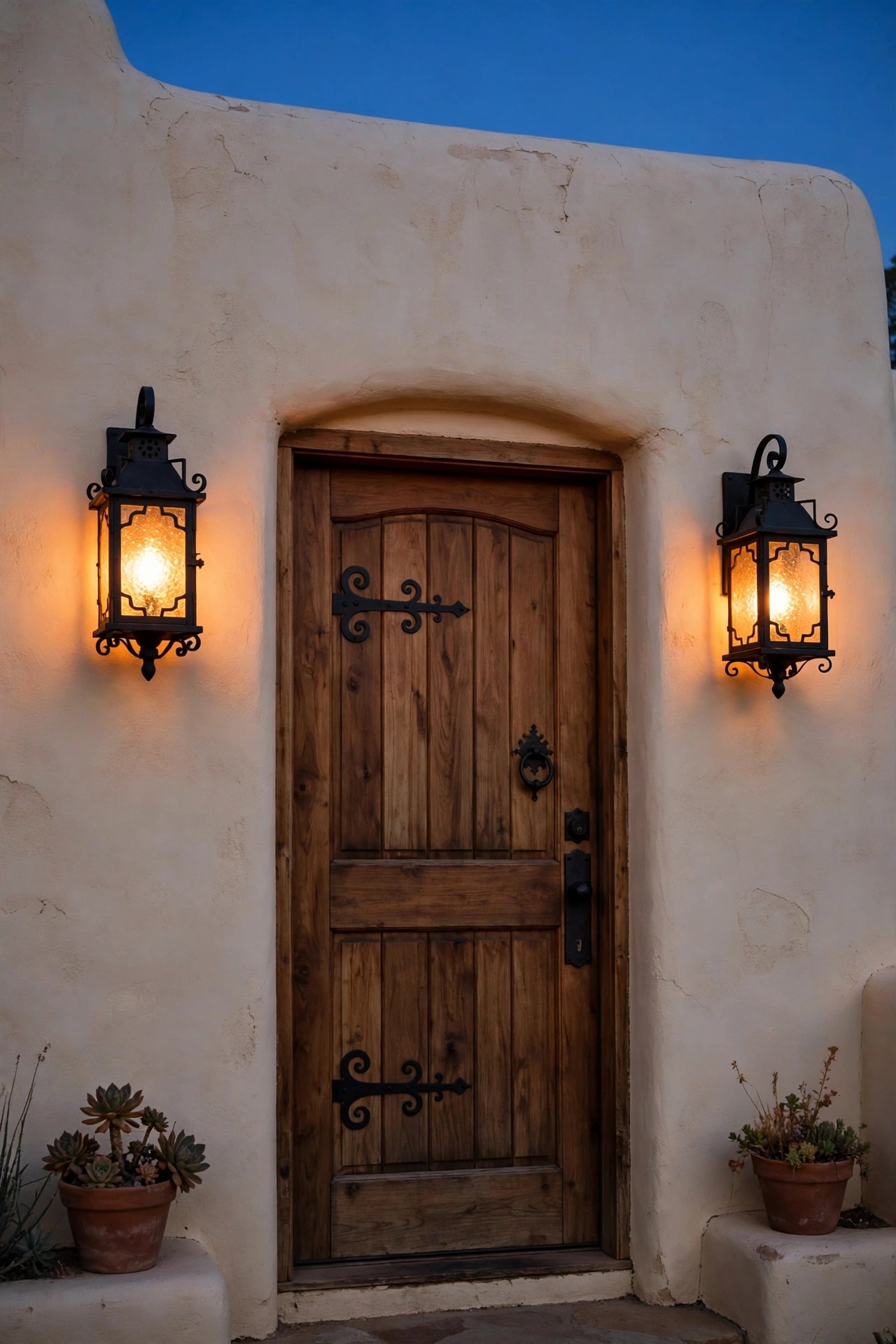 Pair of black mission-style iron lanterns with seeded glass glowing warm on either side of a wooden front door set into a cream adobe wall at dusk