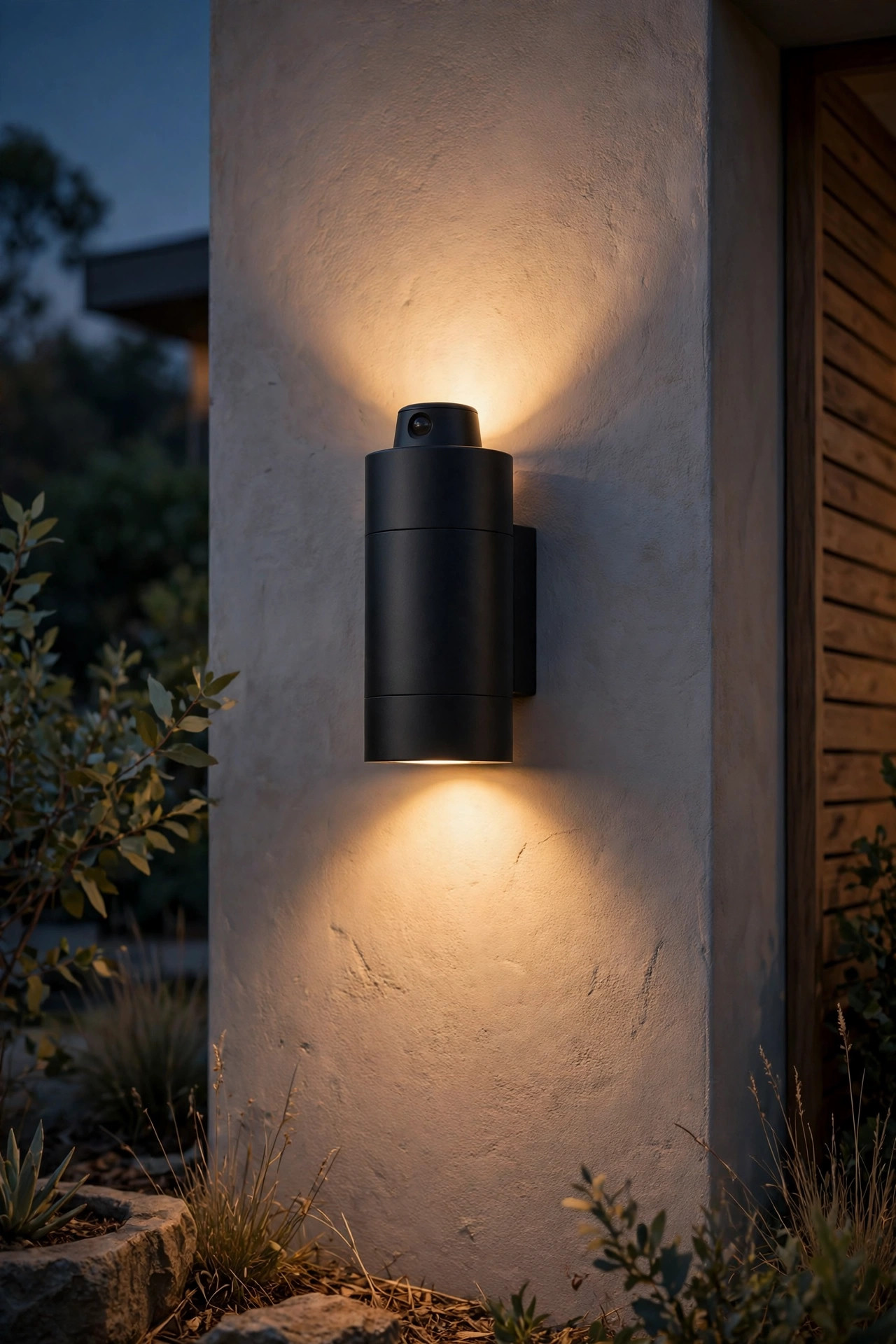 Modern matte black cylinder motion sensor sconce washing warm light up and down an exterior wall