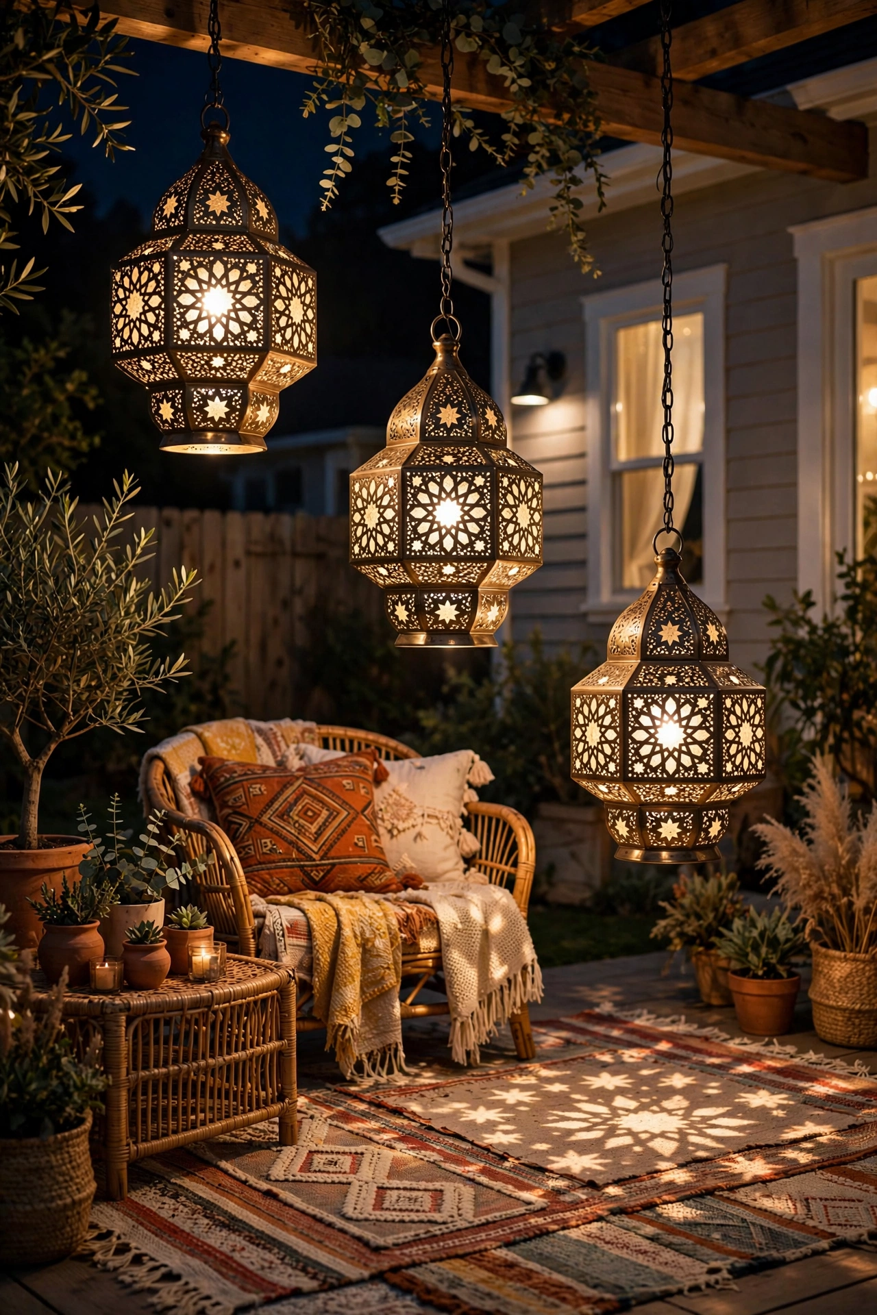Three Moroccan punched-metal lanterns hanging at staggered heights casting star patterns