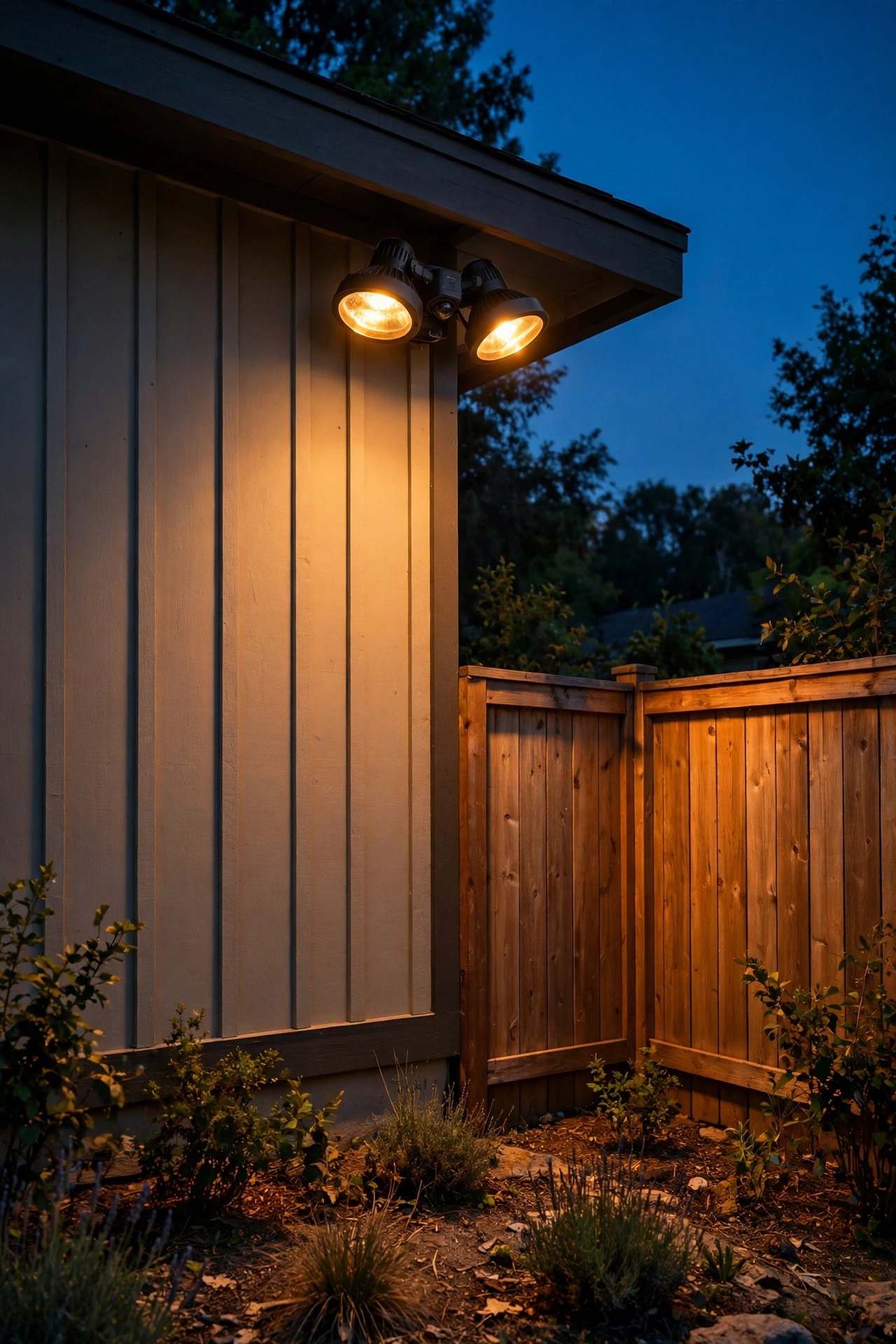 Dual-head LED motion floodlight mounted high on a house corner washing a backyard fence corner in warm light at dusk