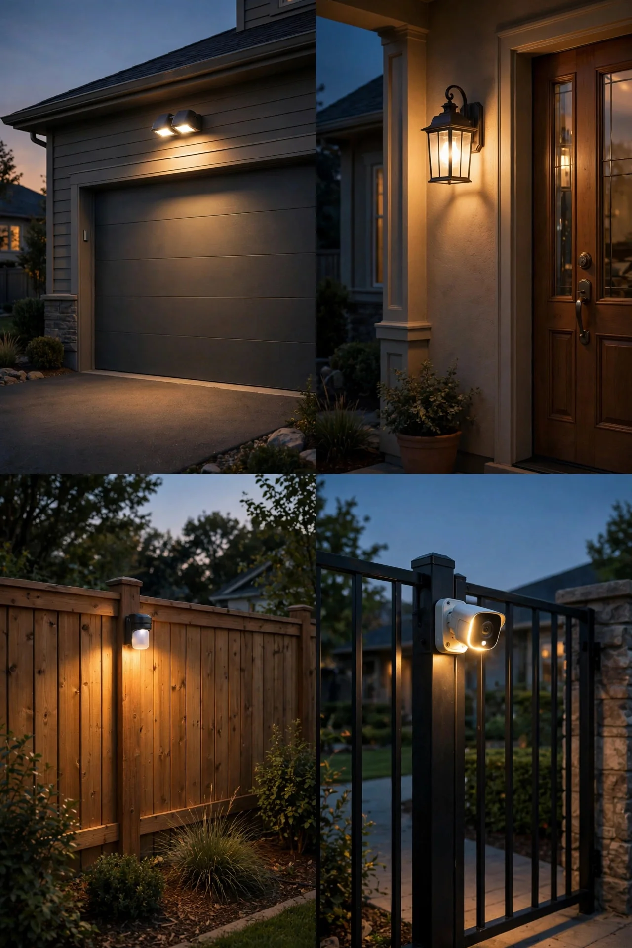 Side-by-side warm evening view of four motion sensor outdoor light types on a suburban home exterior — floodlight over garage, lantern by front door, solar light on fence, camera light by gate