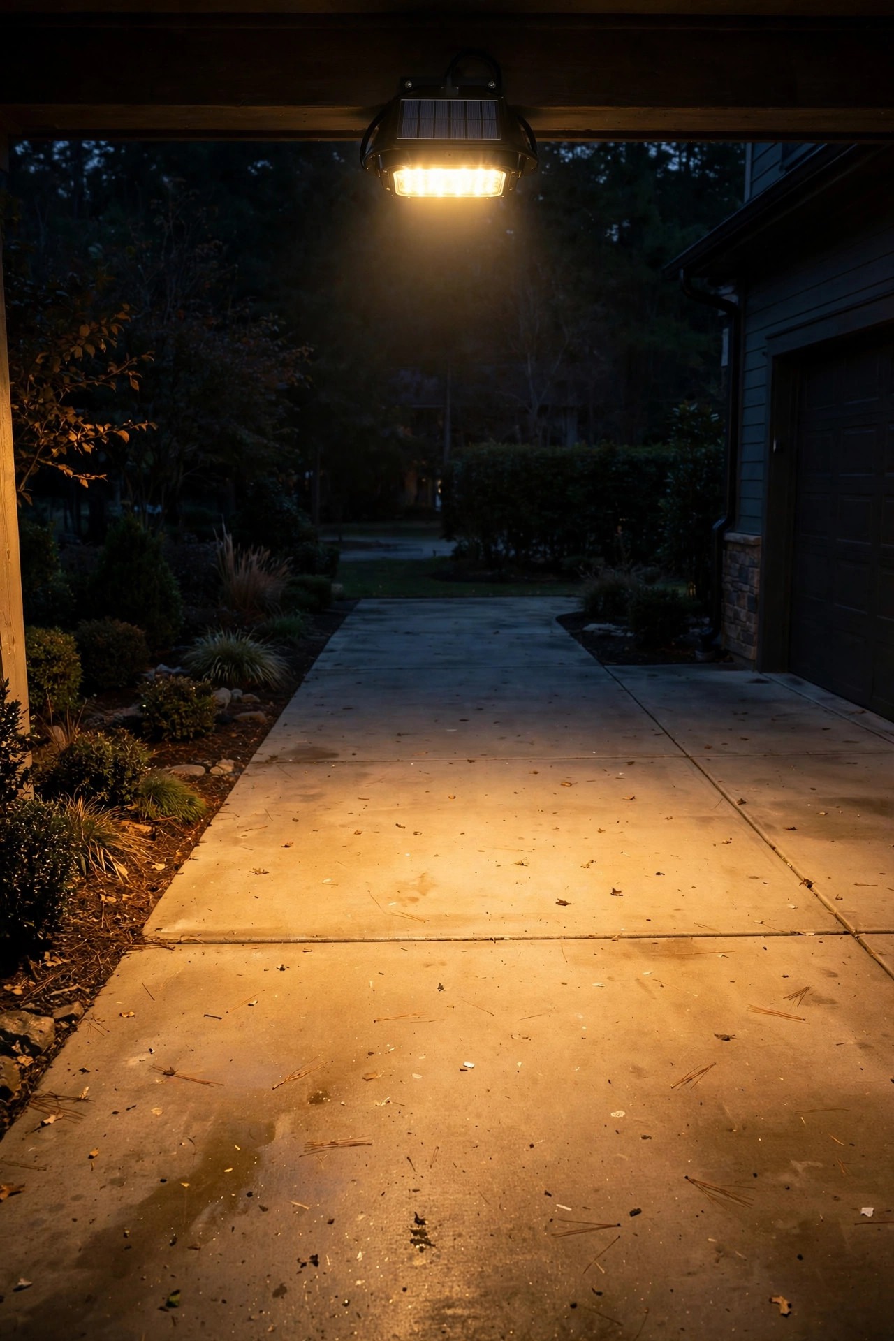 Motion-activated solar flood light snapping on above a driveway at night, casting a bright warm pool of light across the concrete