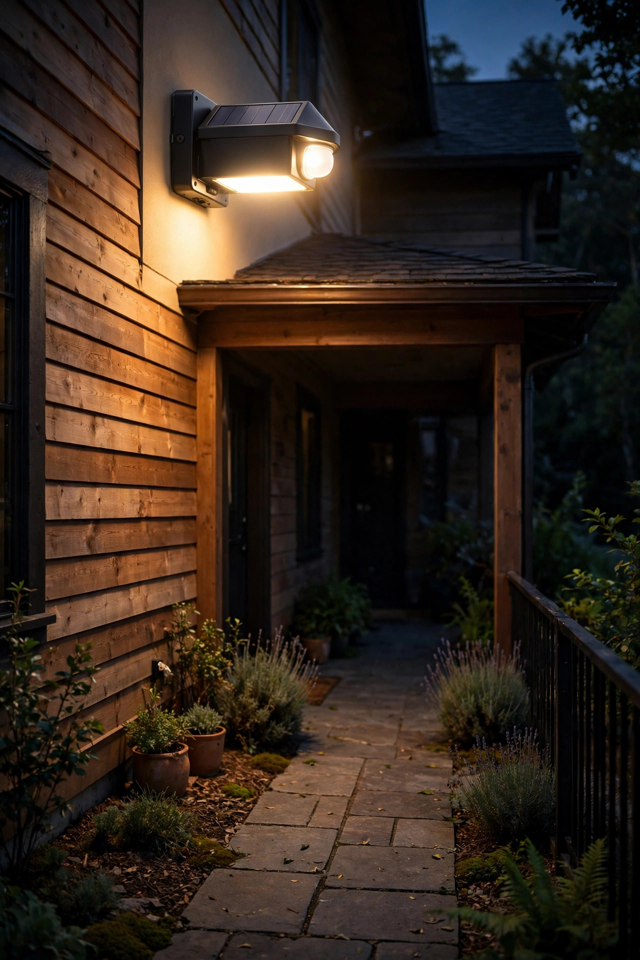 Motion-sensor solar wall sconce glowing brightly above a porch walkway at night