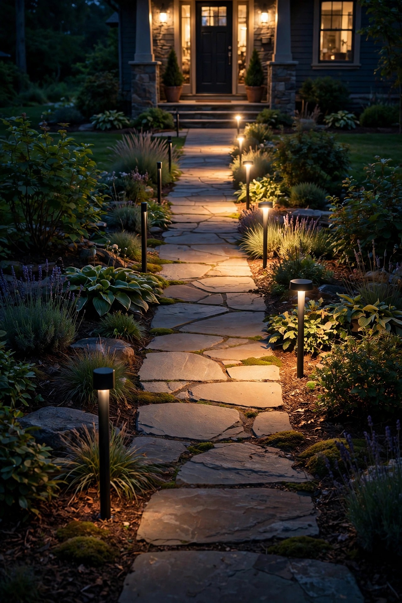Motion sensor path lights brightening along a front walkway at night as if someone is approaching, warm pools of light in sequence