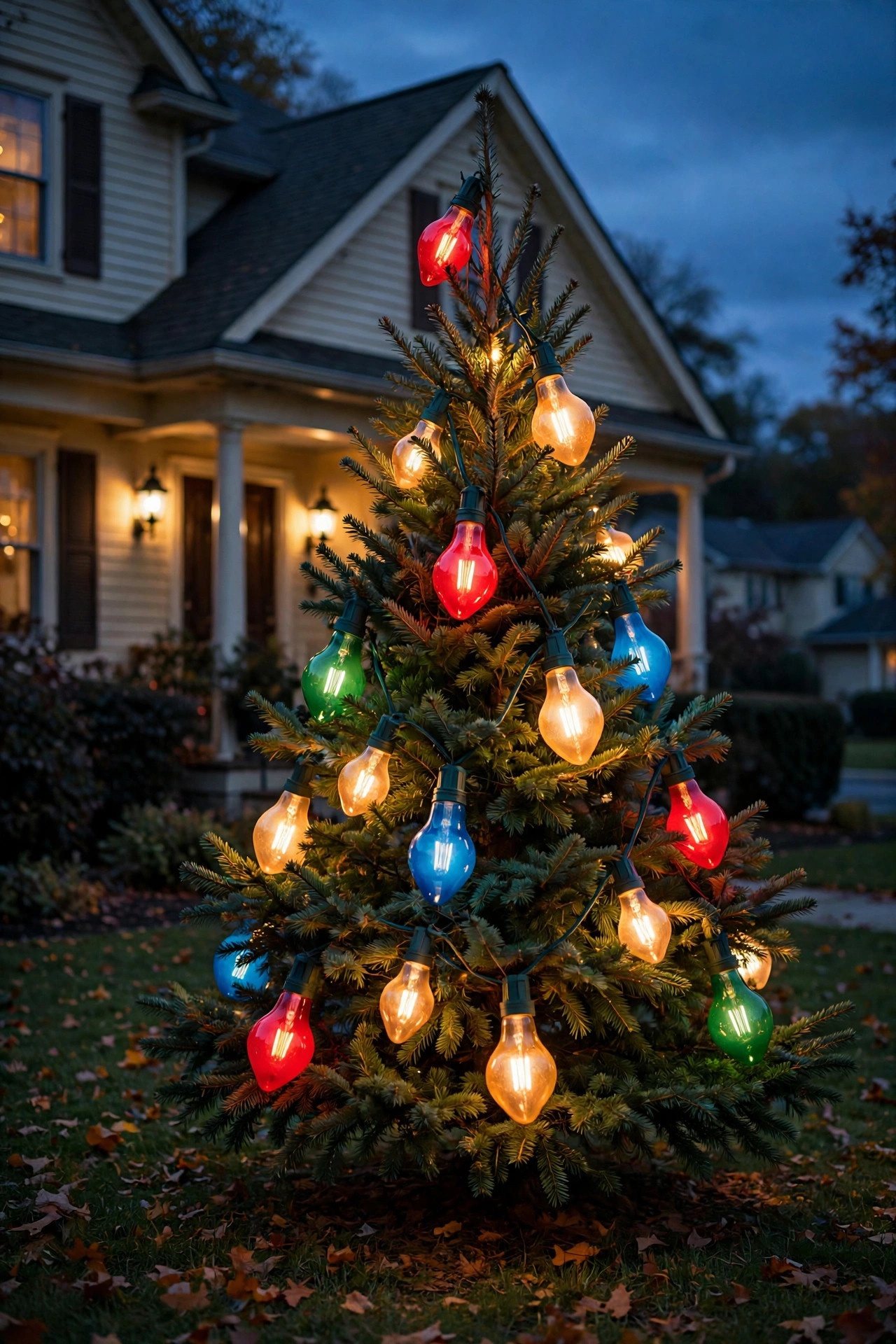 Front yard Christmas tree with multicolor vintage C7 lights glowing at dusk