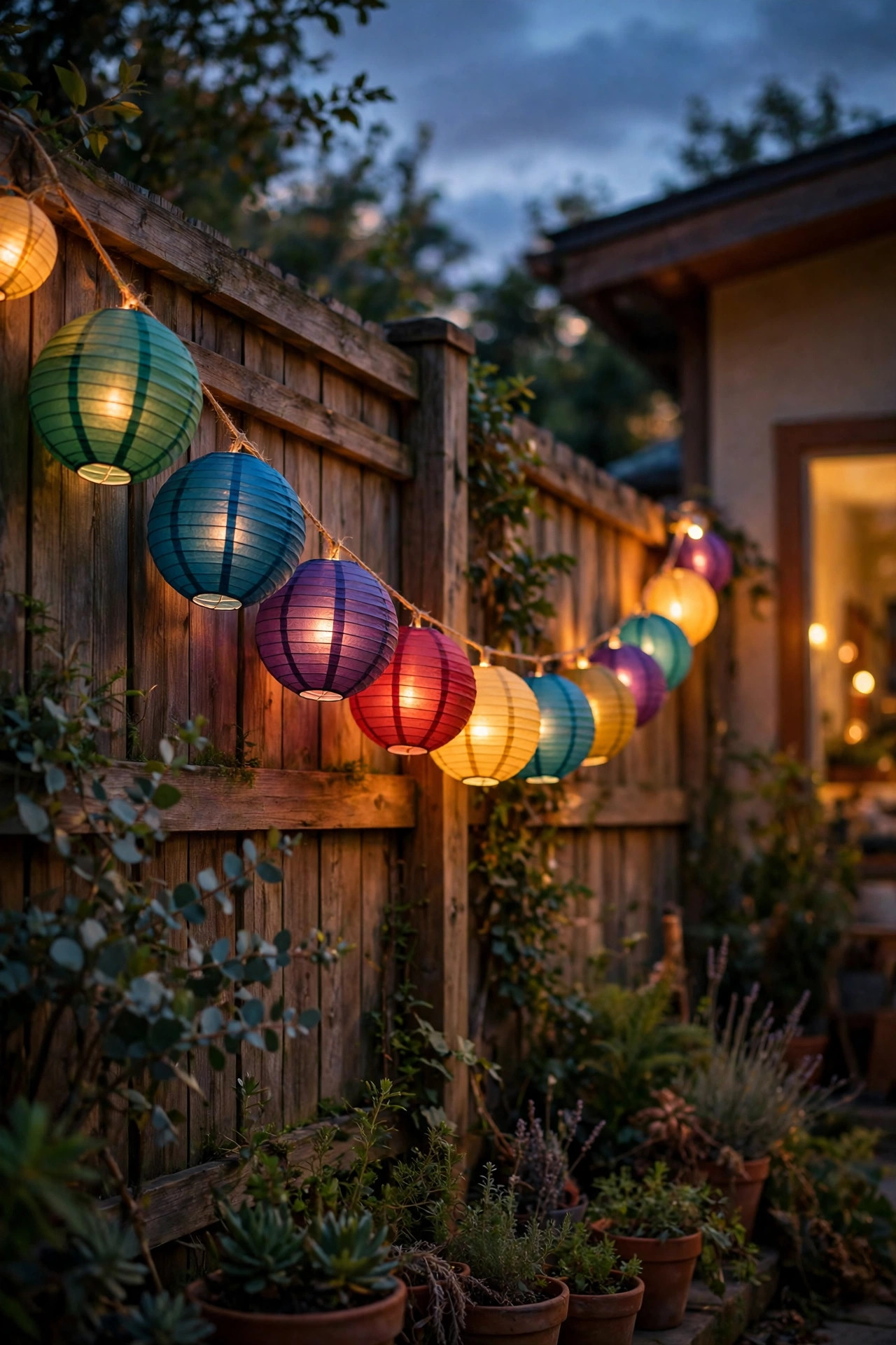 Multicolor paper lantern garland in jewel tones strung along a backyard fence for a party