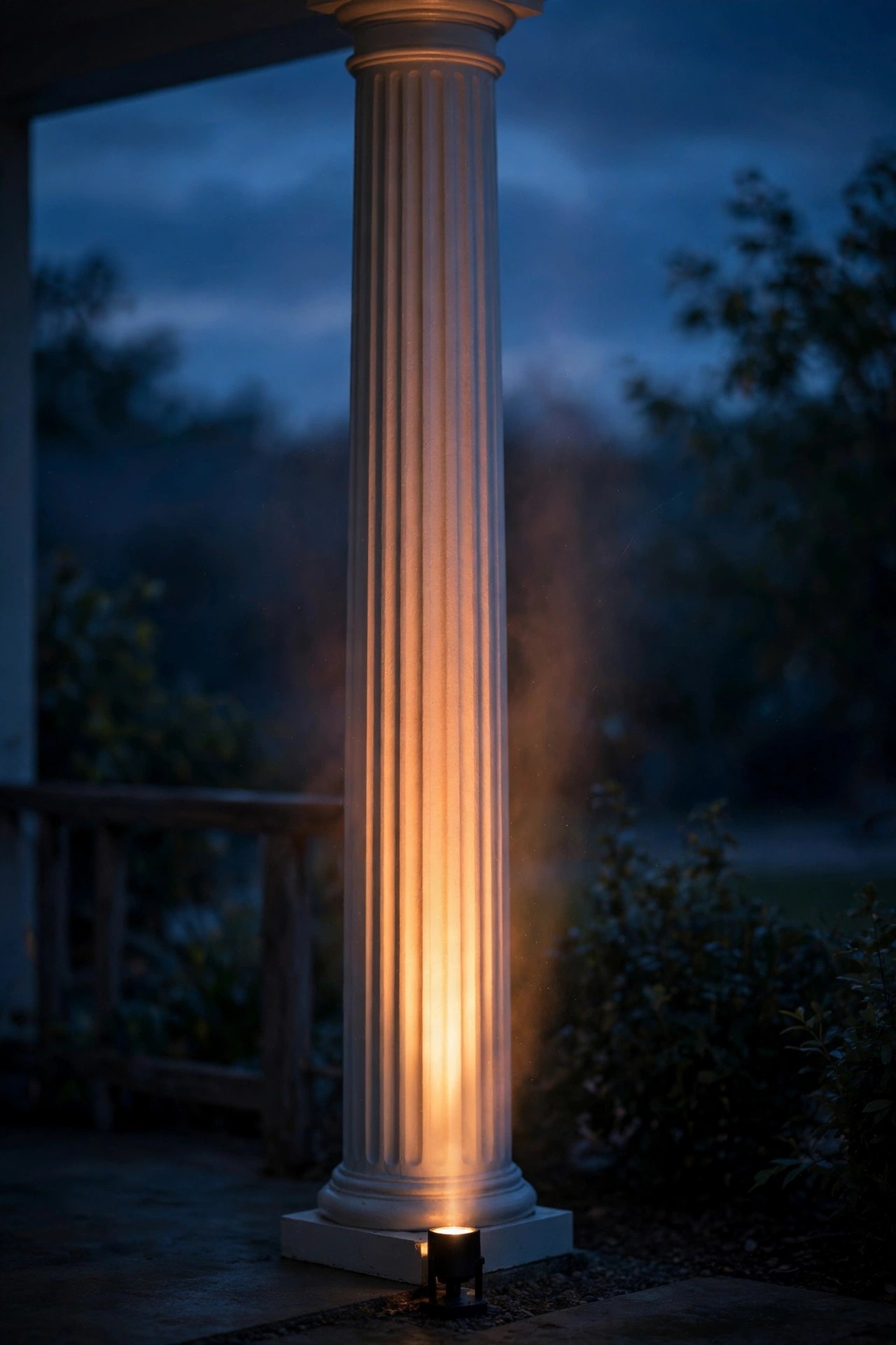 Narrow beam of warm light climbing a white porch column at dusk from a small spotlight at its base