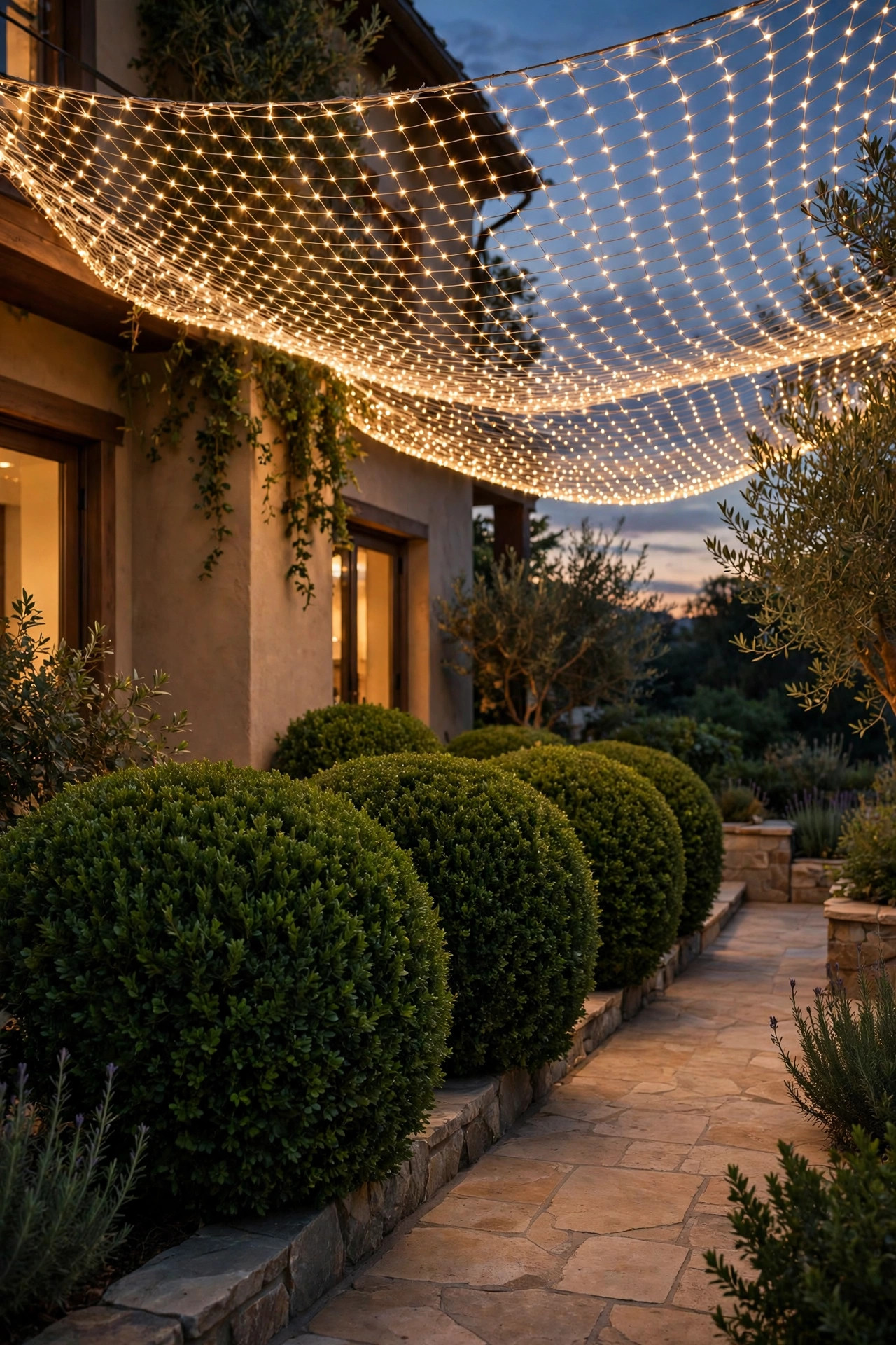 Rounded evergreen shrubs along a patio draped with warm white net lights glowing evenly
