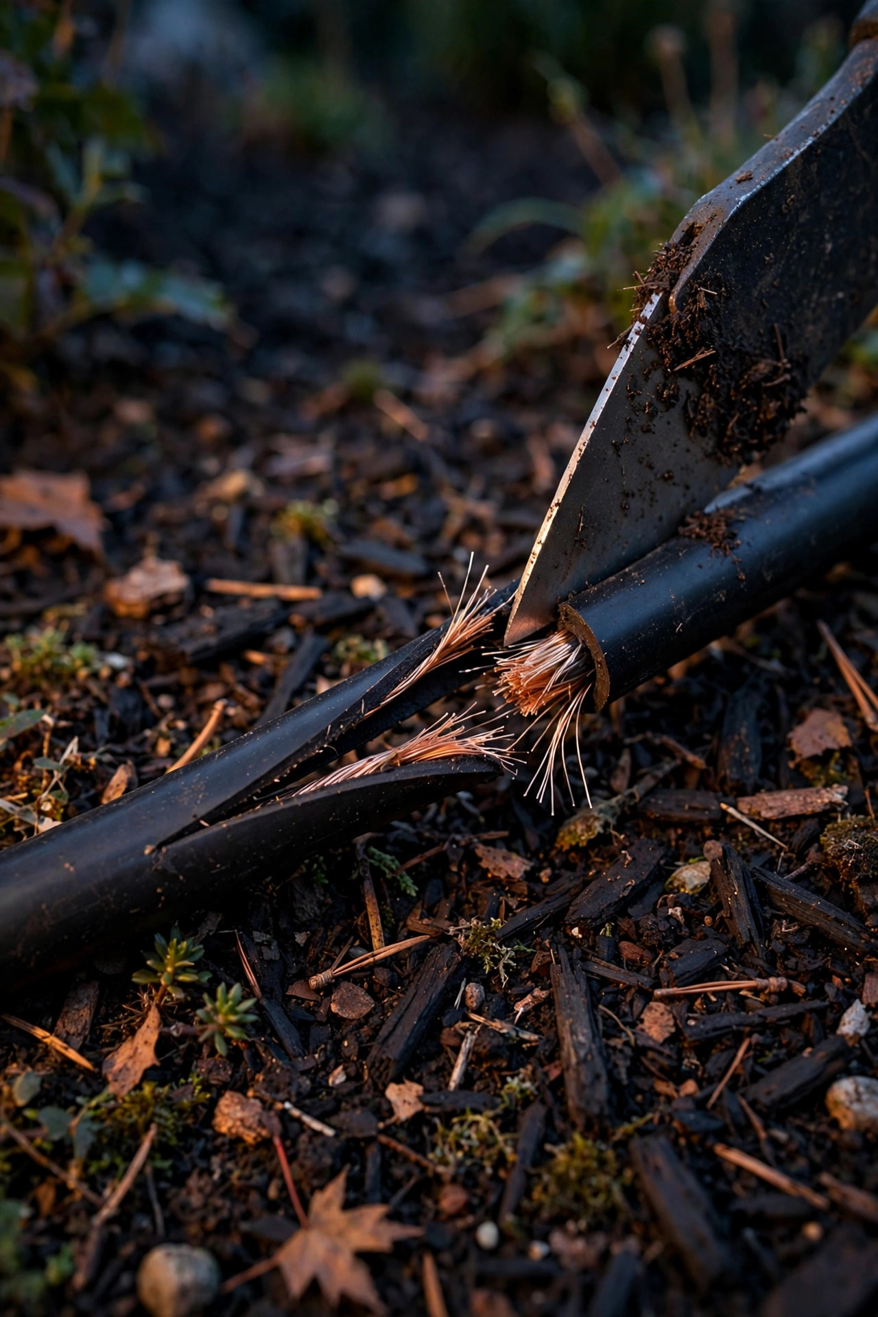 Low-voltage landscape lighting cable in a garden bed with its insulation nicked by a garden edger, copper strands exposed on dark mulch